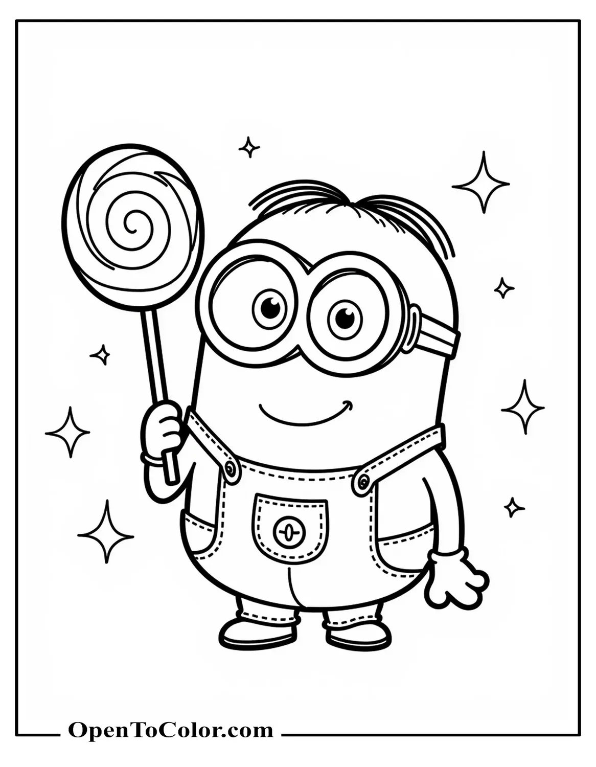 Kawaii Minion Holding Giant Lollipop, Coloring Page PDF, Sparkles Around