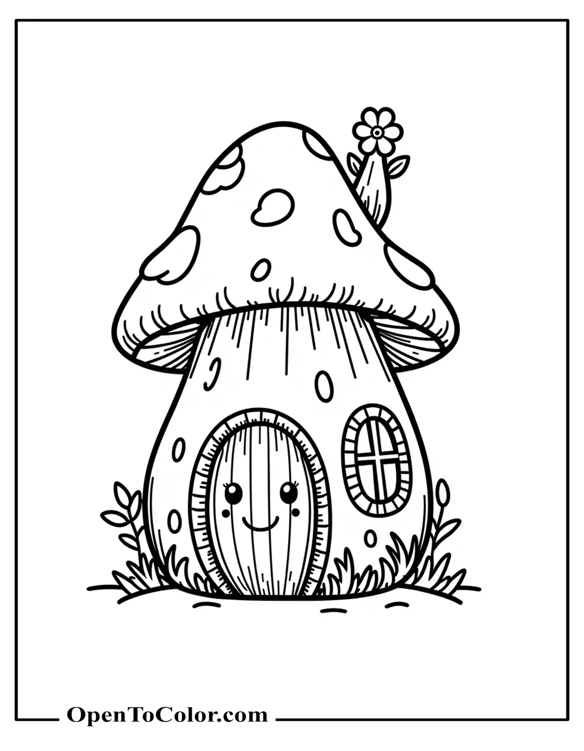 Free Coloring Page of Kawaii Mushroom House with Tiny Door, Windows, Flower Chimney