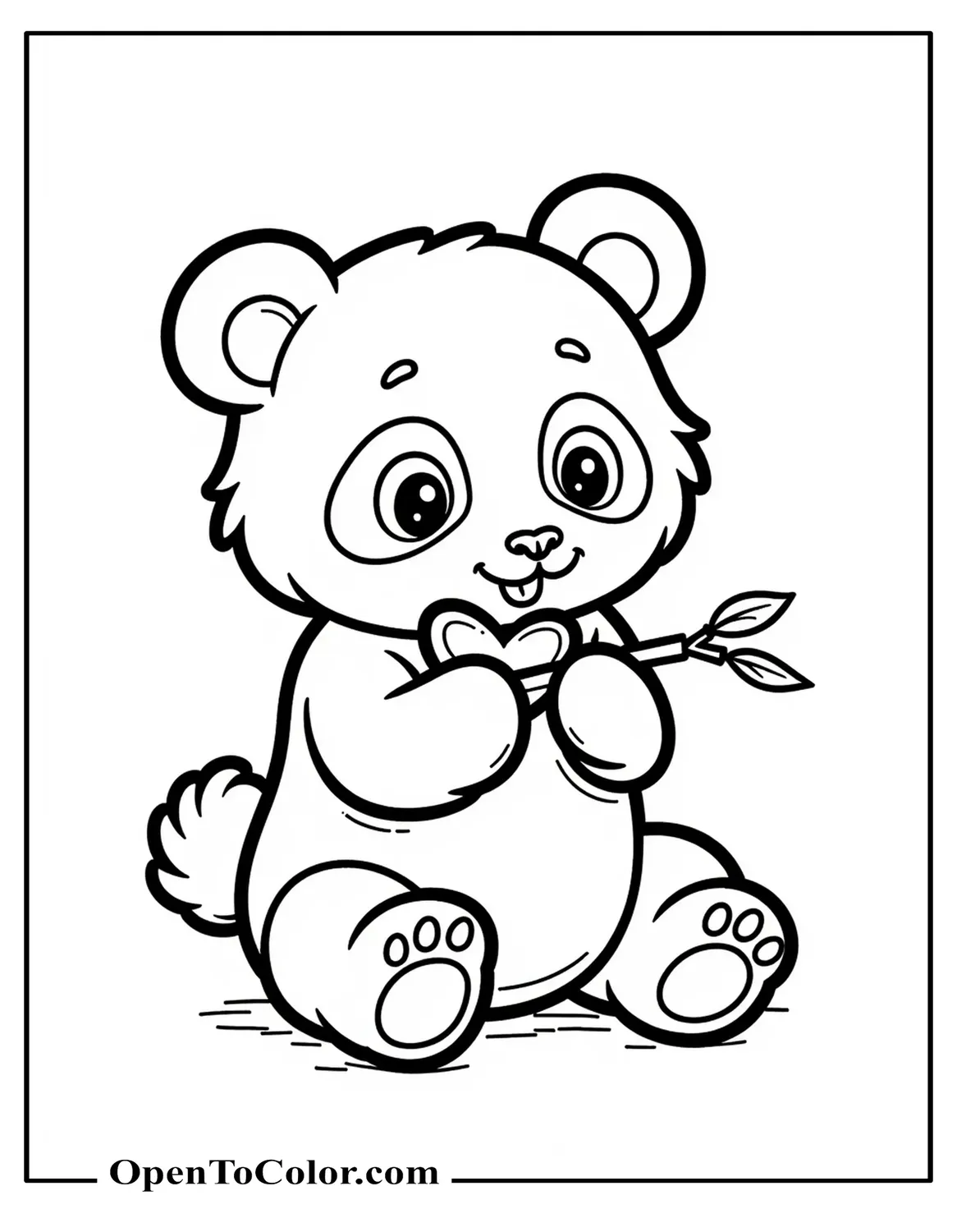 Free Kawaii Panda Munching Bamboo Shoot Shaped Like Heart Coloring Page