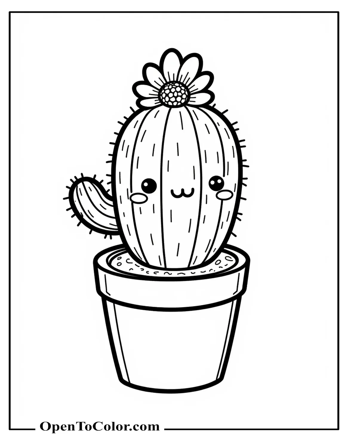 Kawaii potted cactus coloring sheet with cute face and tiny flower top, printable