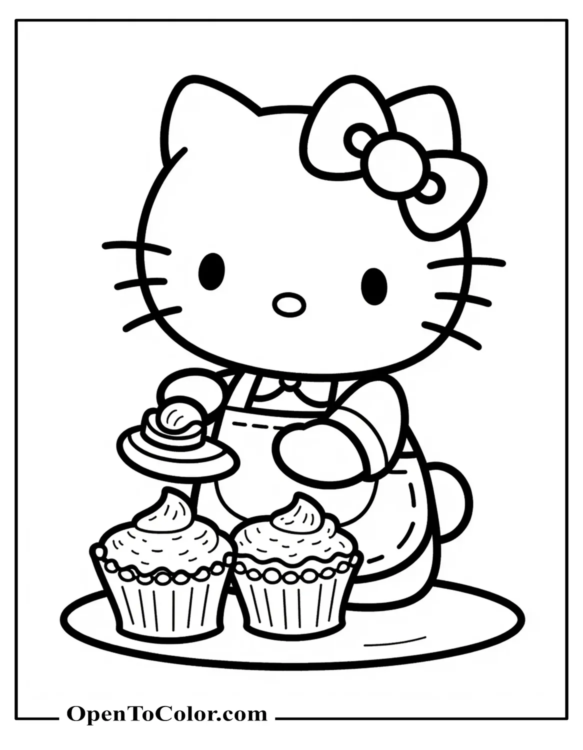 Kawaii Hello Kitty wearing apron decorating cupcake coloring page printable.