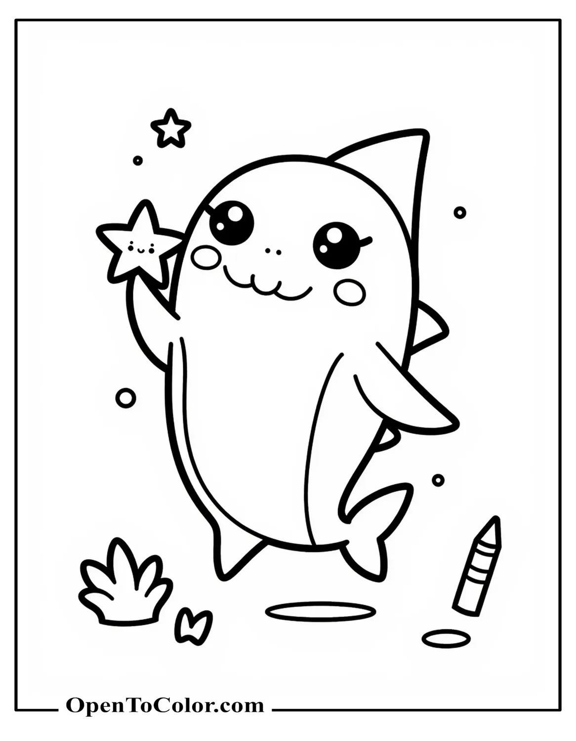 Free Coloring Page of Kawaii Shark with Blushing Cheeks Holding Tiny Star