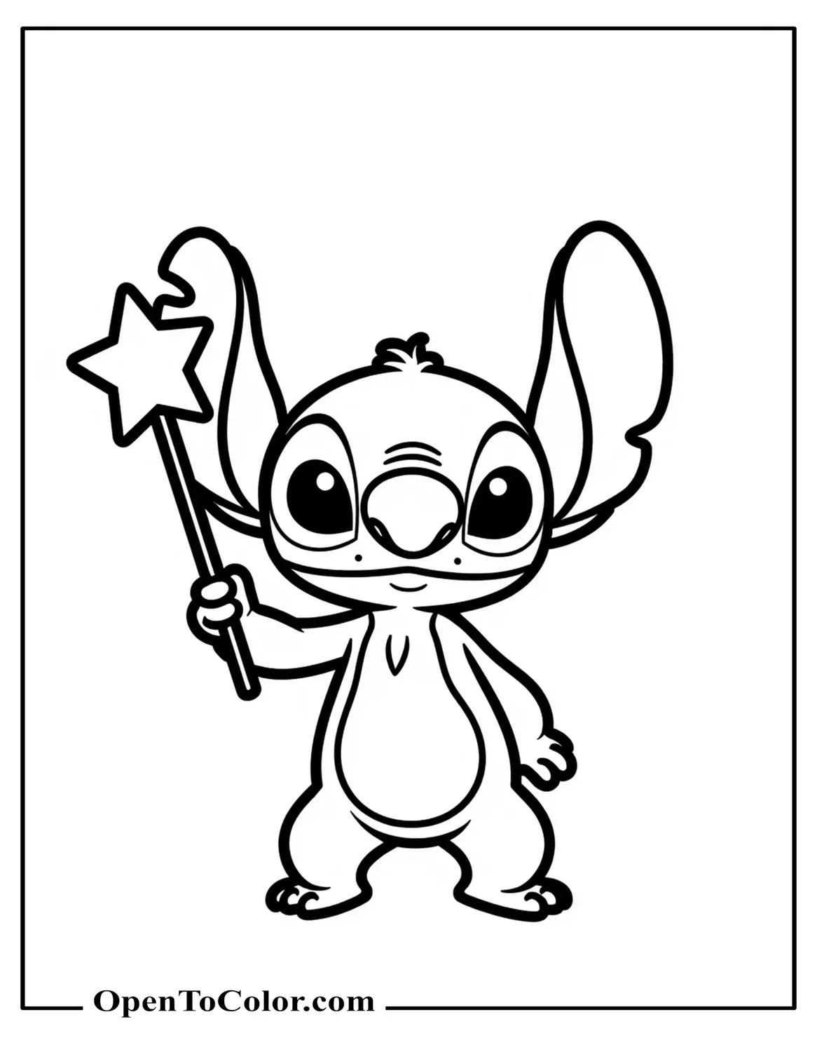 Kawaii Stitch Holding A Star Wand, Giant Head Small Body Coloring Sheet PDF