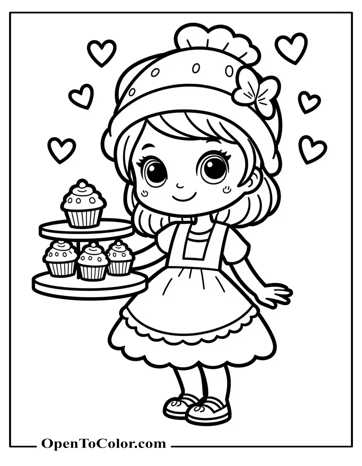 Cute Strawberry Shortcake Holding Cupcakes On A Tiered Stand, Surrounded By Floating Hearts, Coloring Page, Printable