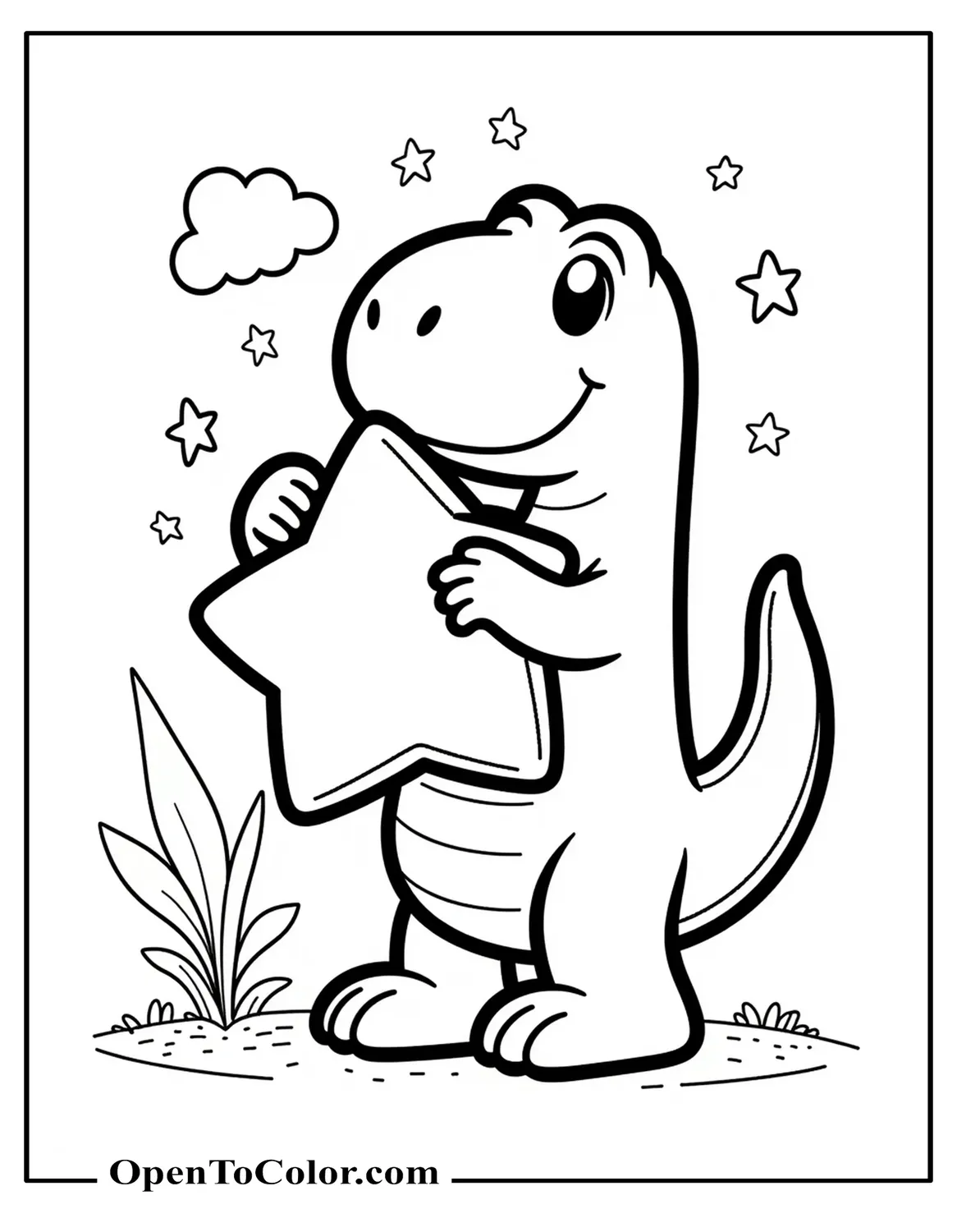 Sanrio Style T-Rex Hugging Star Pillow Coloring Sheet PDF