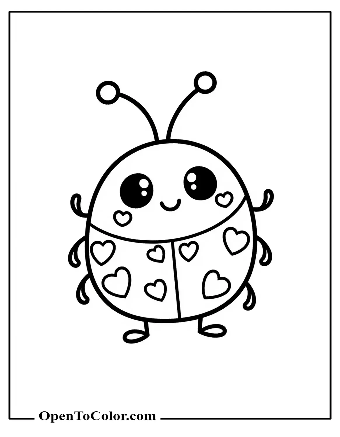 Kawaii Style Cartoon Ladybug Coloring Page PDF With Sparkly Eyes And Heart-Shaped Spots