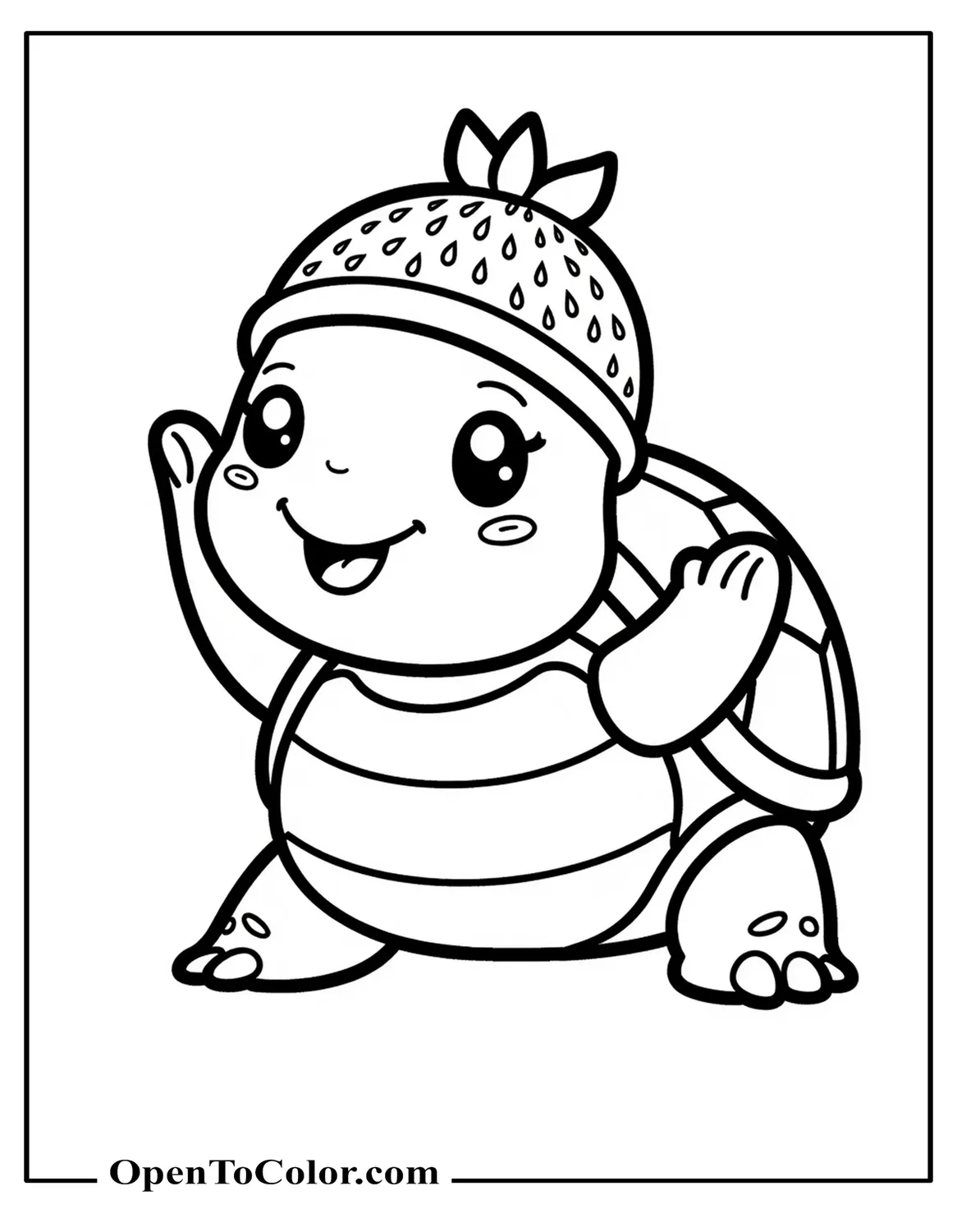 Kawaii Turtle Wearing A Strawberry Hat And Waving One Flipper Coloring Page PDF