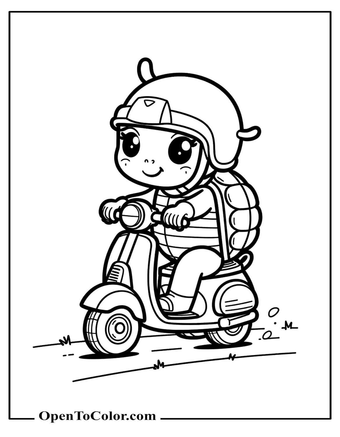 Kawaii Turtle Coloring Page Riding A Small Scooter, Printable Helmet Tilted Jauntily