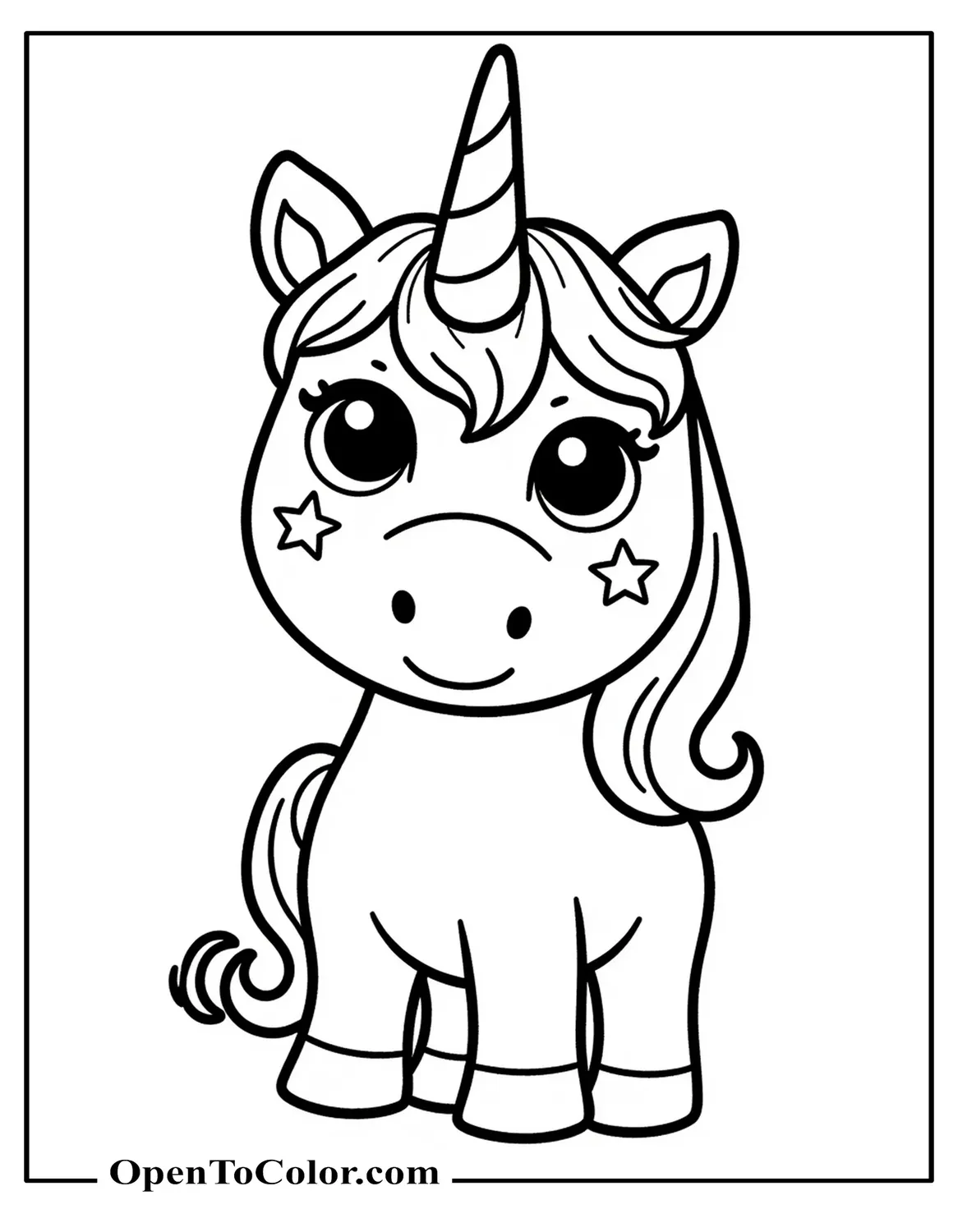 Free Kawaii Style Unicorn Coloring Sheet With Oversized Eyes and Star Cheeks