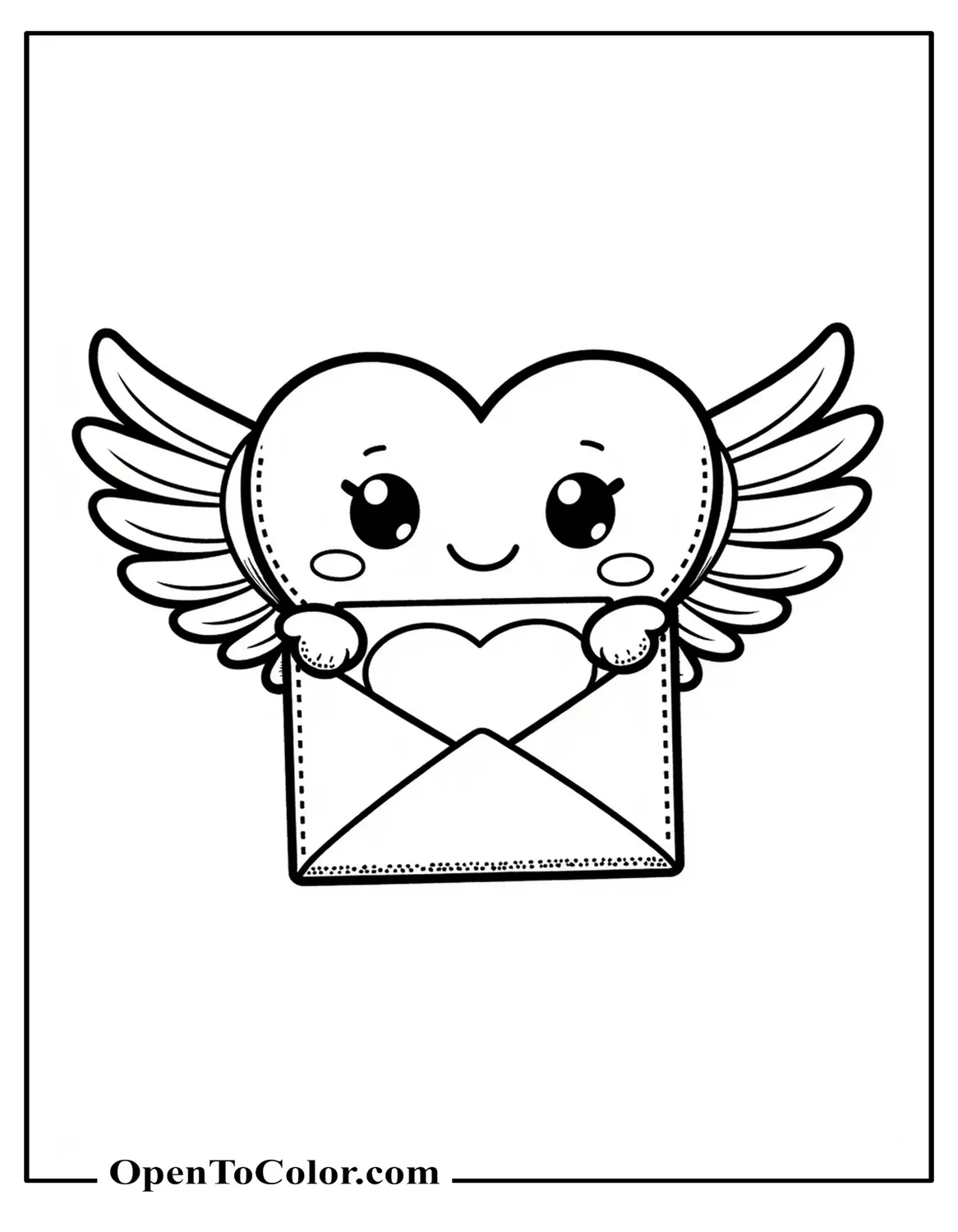 Kawaii heart envelope with wings delivering love letter coloring sheet PDF