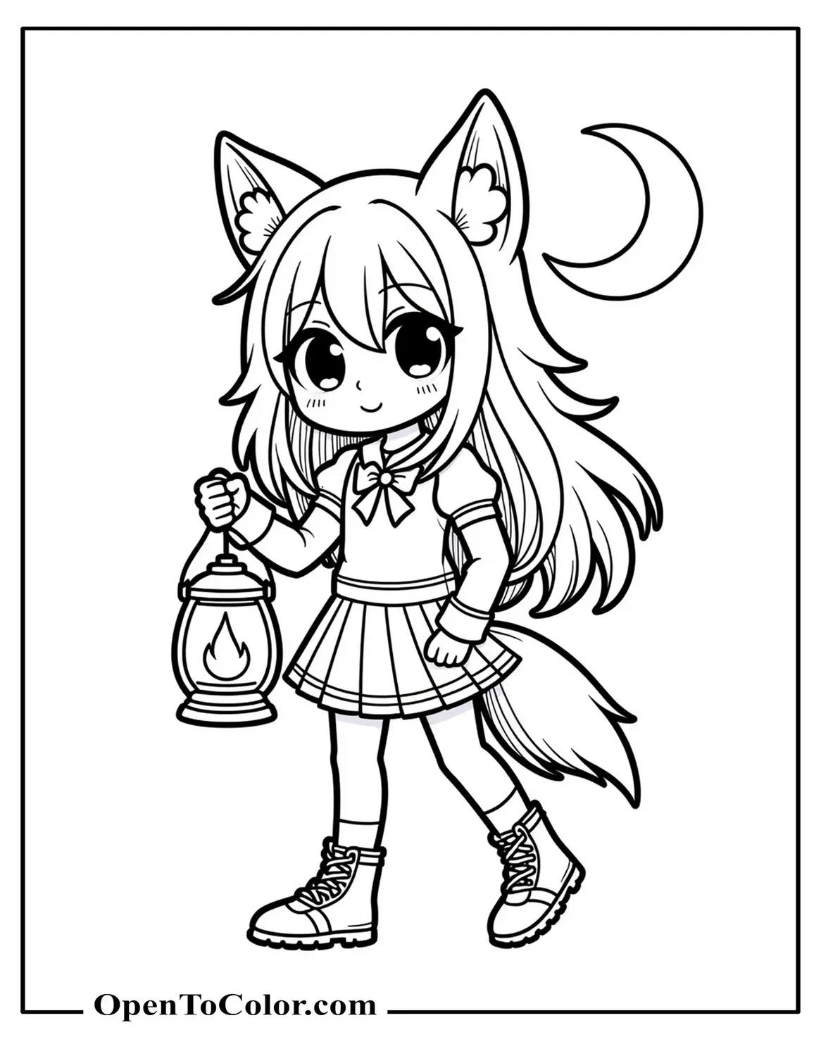 Kawaii Anime Wolf Girl Coloring Page Holding Lantern Under Crescent Moon PDF