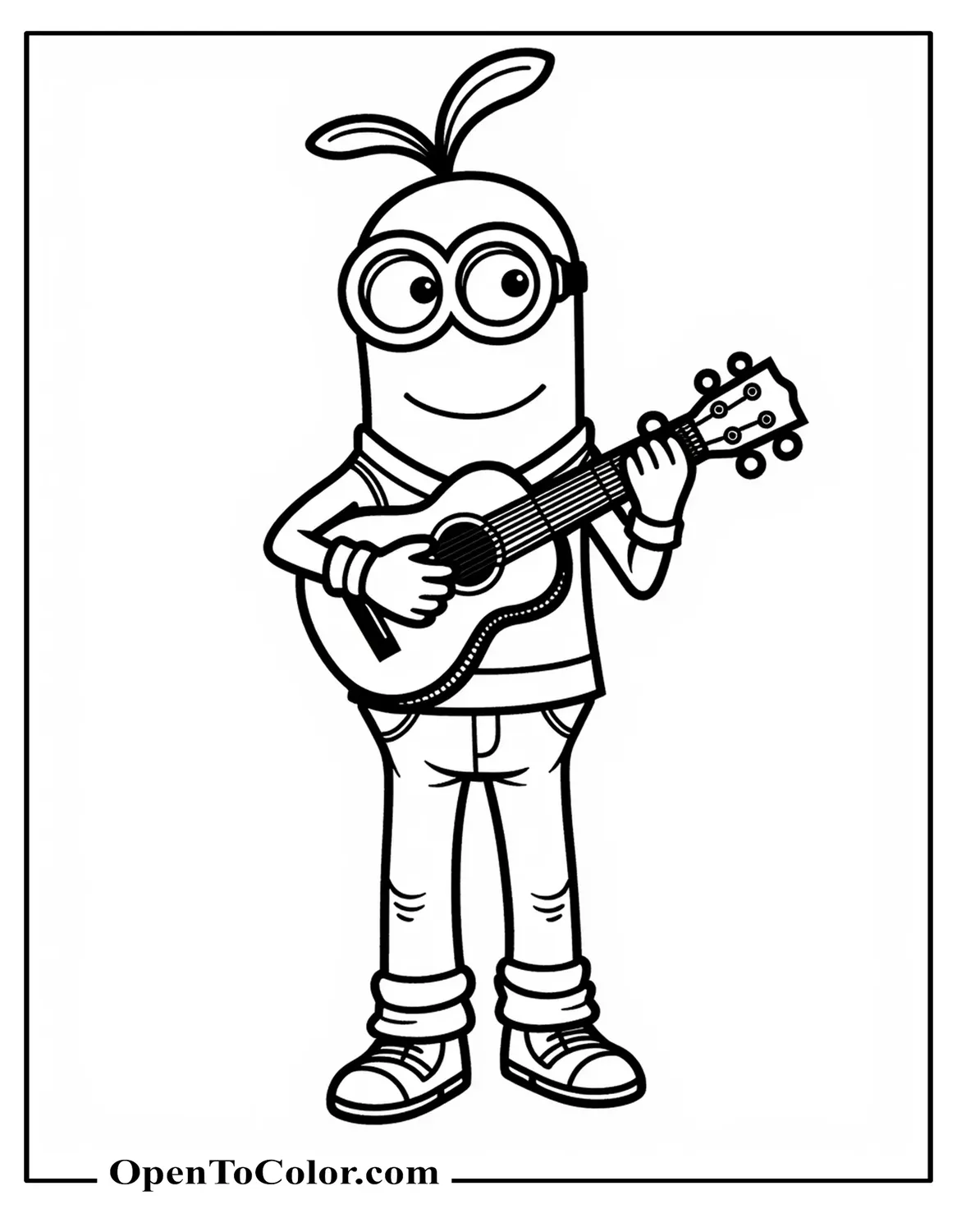 Realistic Kevin—Tall Minion With Sprout Hair—Strumming Ukulele Coloring Sheet Printable