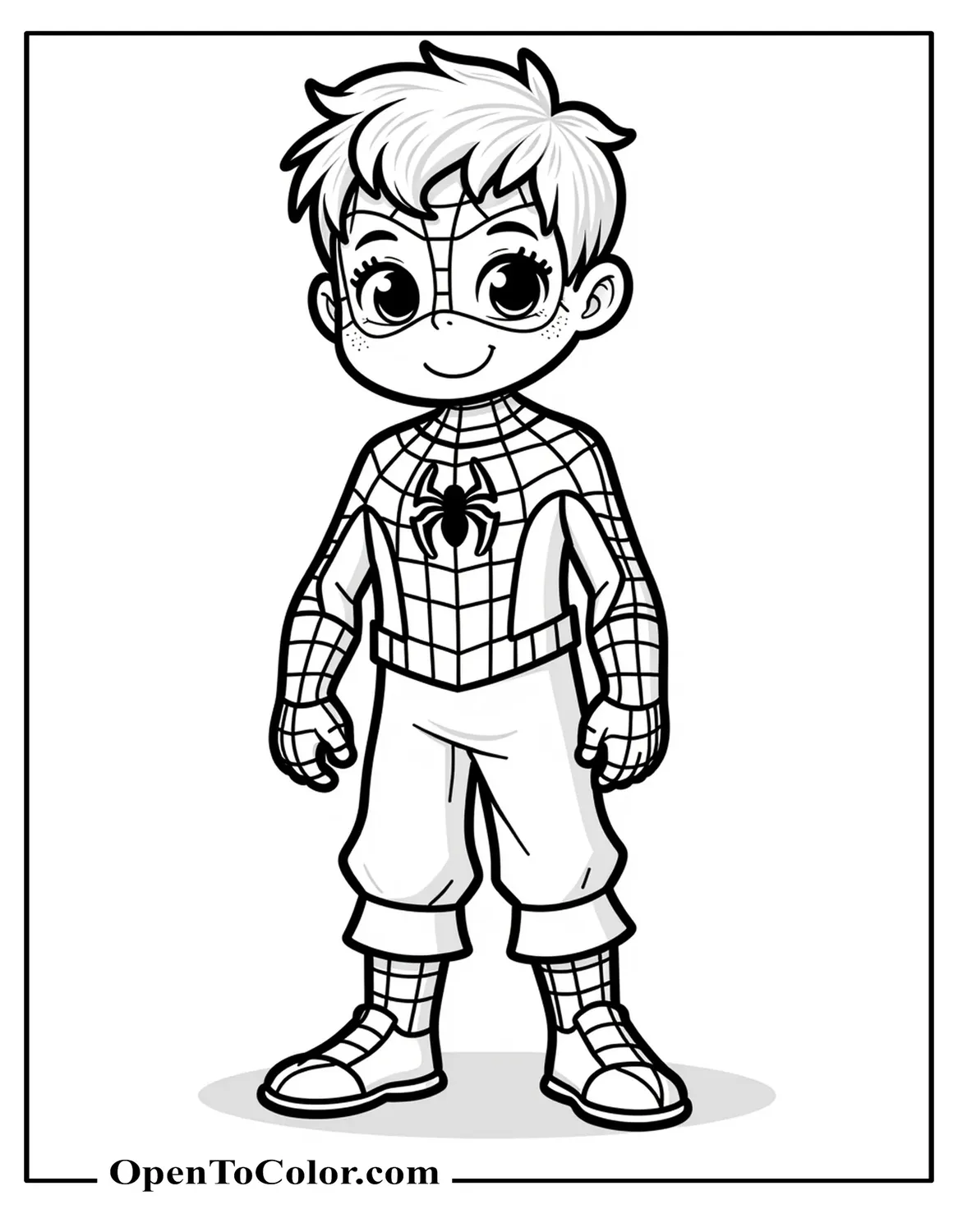Young boy dressed as Spiderman coloring sheet PDF