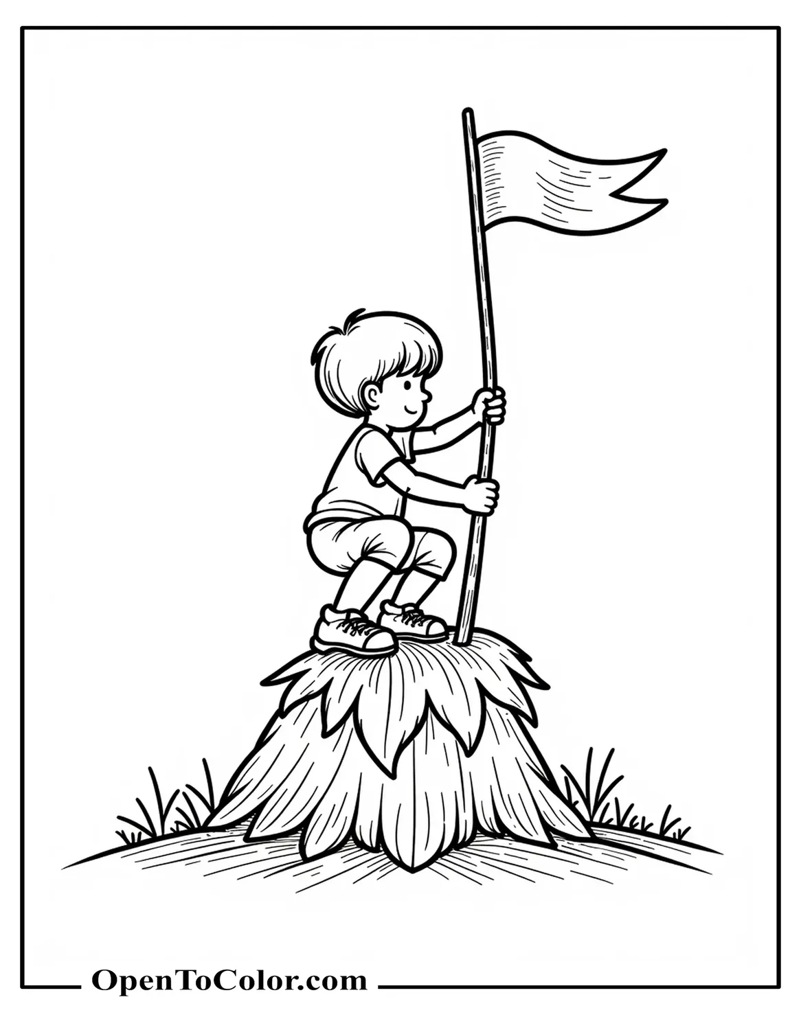 Free Coloring Page of a Child Building a Leaf Fort with a Twig Flag Planted on Top