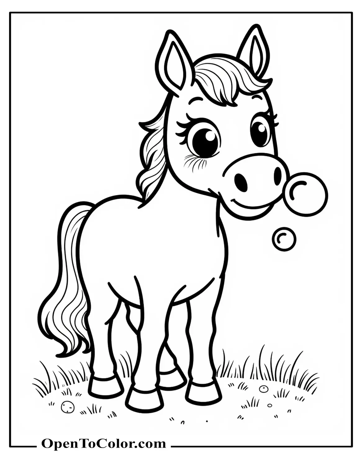 Kids-style horse blowing soap bubbles coloring sheet PDF