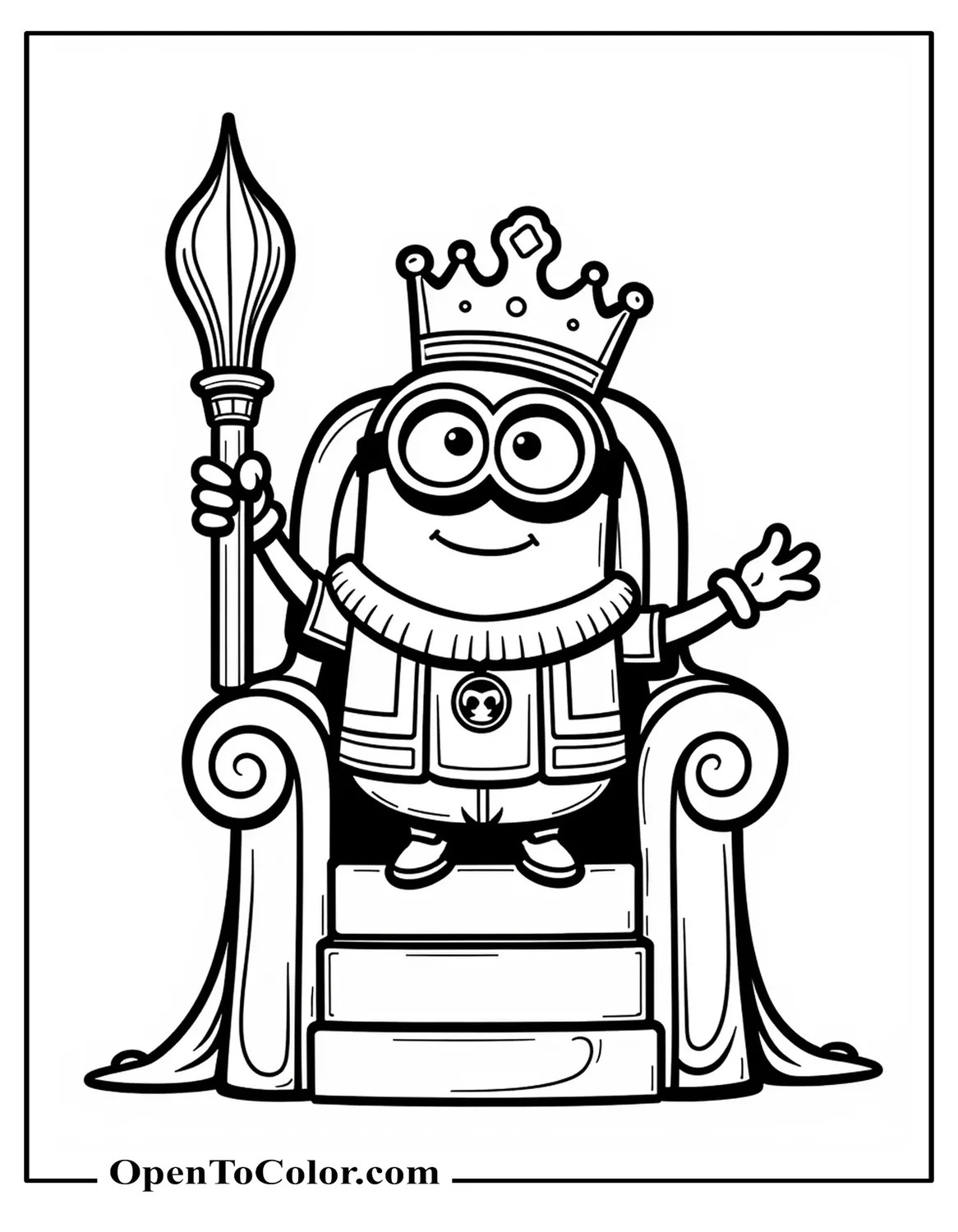 Free Coloring Page: King Bob Minion on Throne, Crown Tilted, Scepter Raised in Victory