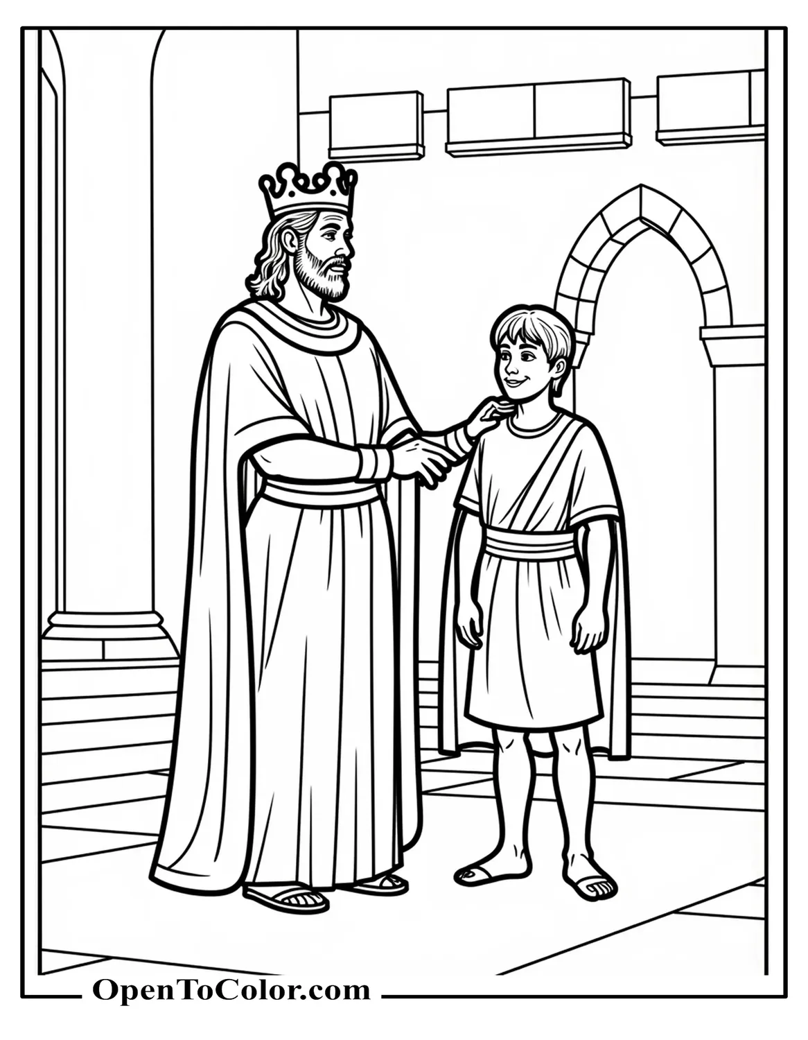 King Saul (Royal Robe, Crown) Placing Hand On Youthful David’s Shoulder, Coloring Page, Palace Courtyard Banners Fluttering, Printable