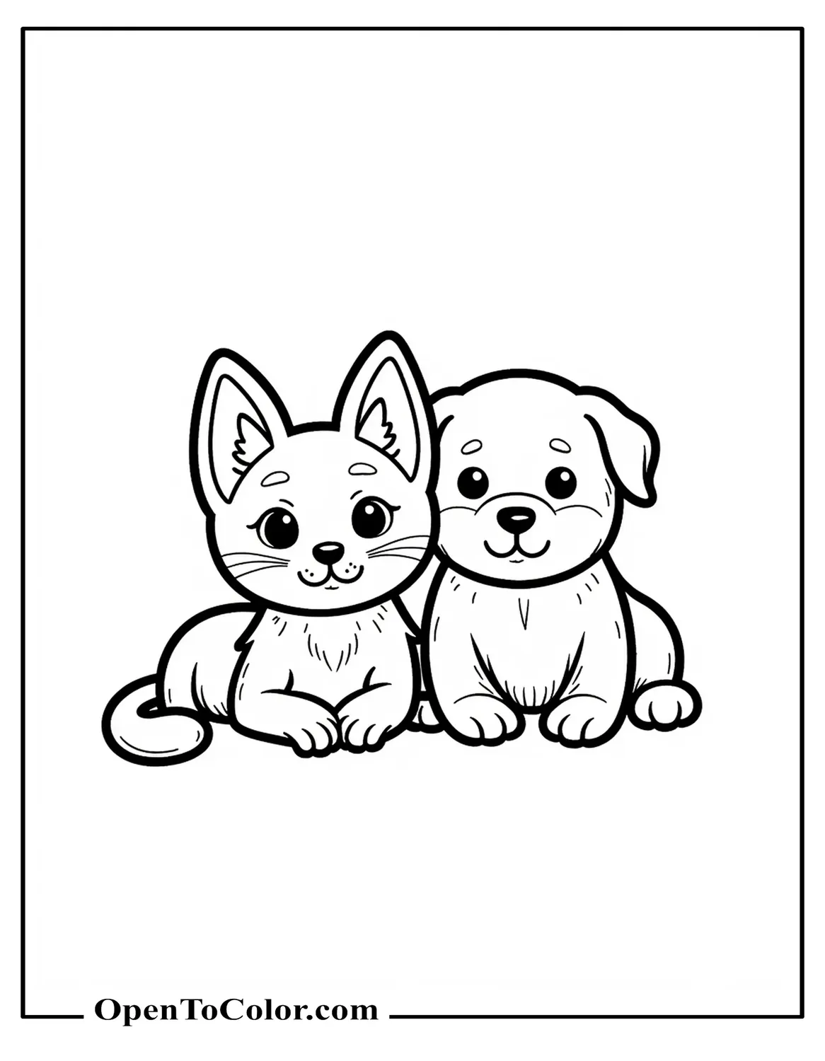 A Cute Small Cat And A Little Dog Lying Side By Side Coloring Sheet PDF