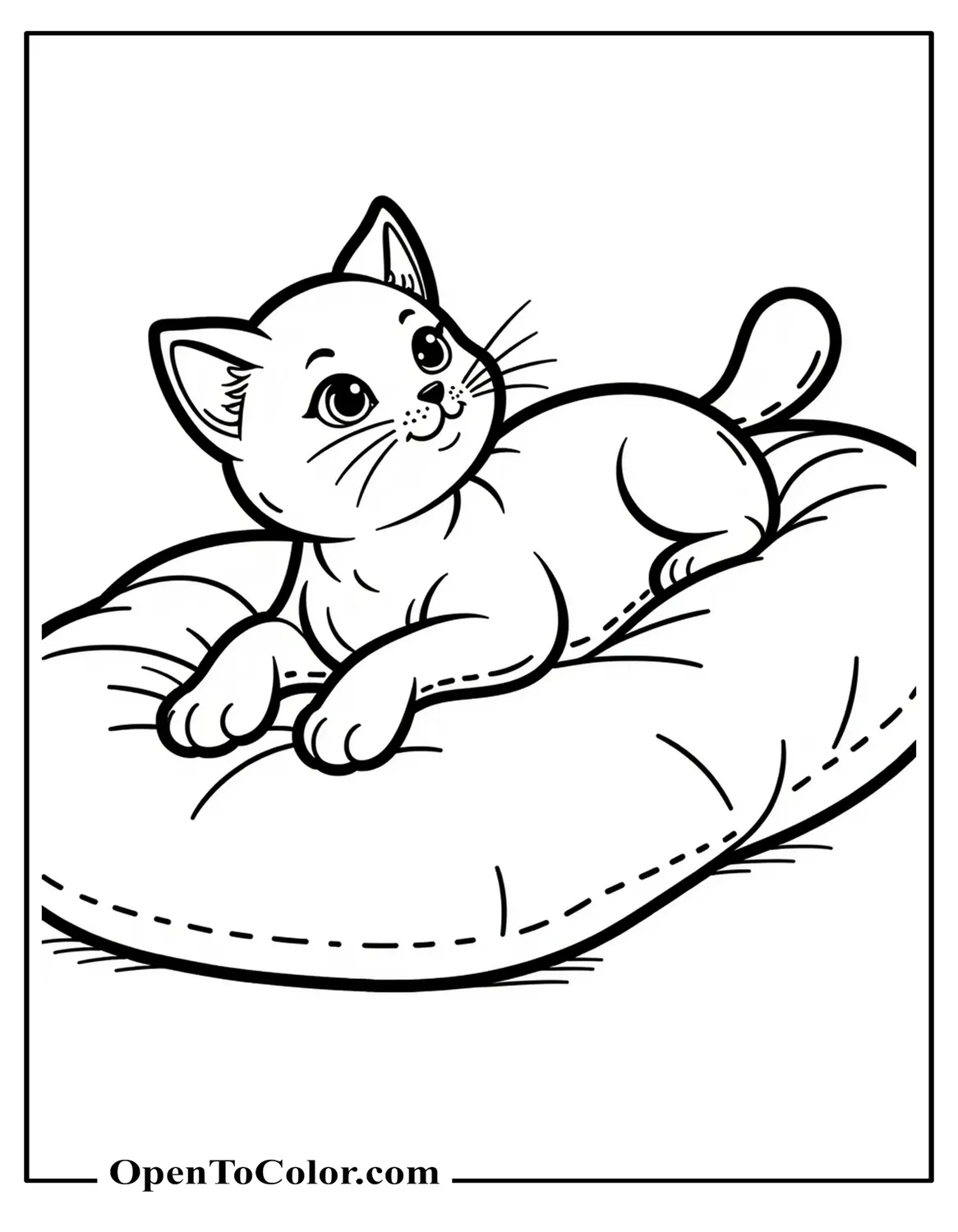 Kitten Lying On A Soft Pillow Looking Up Coloring Sheet Printable