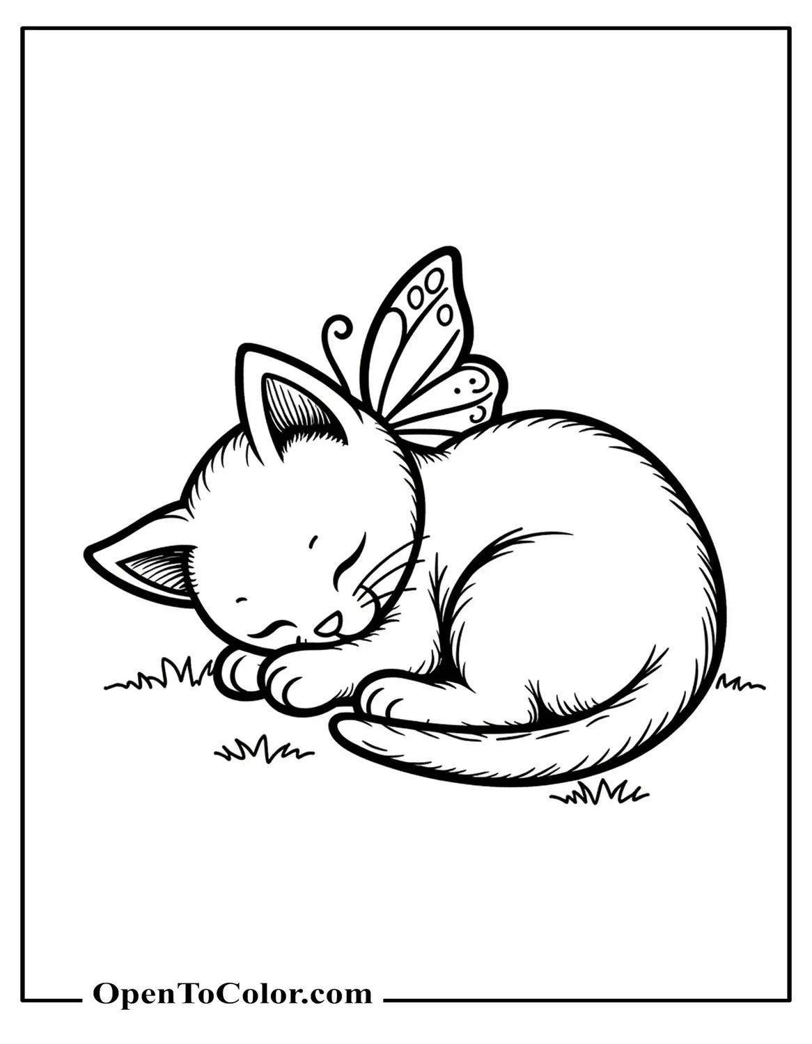 Kitten curled up peacefully with delicate butterfly wings coloring sheet PDF.