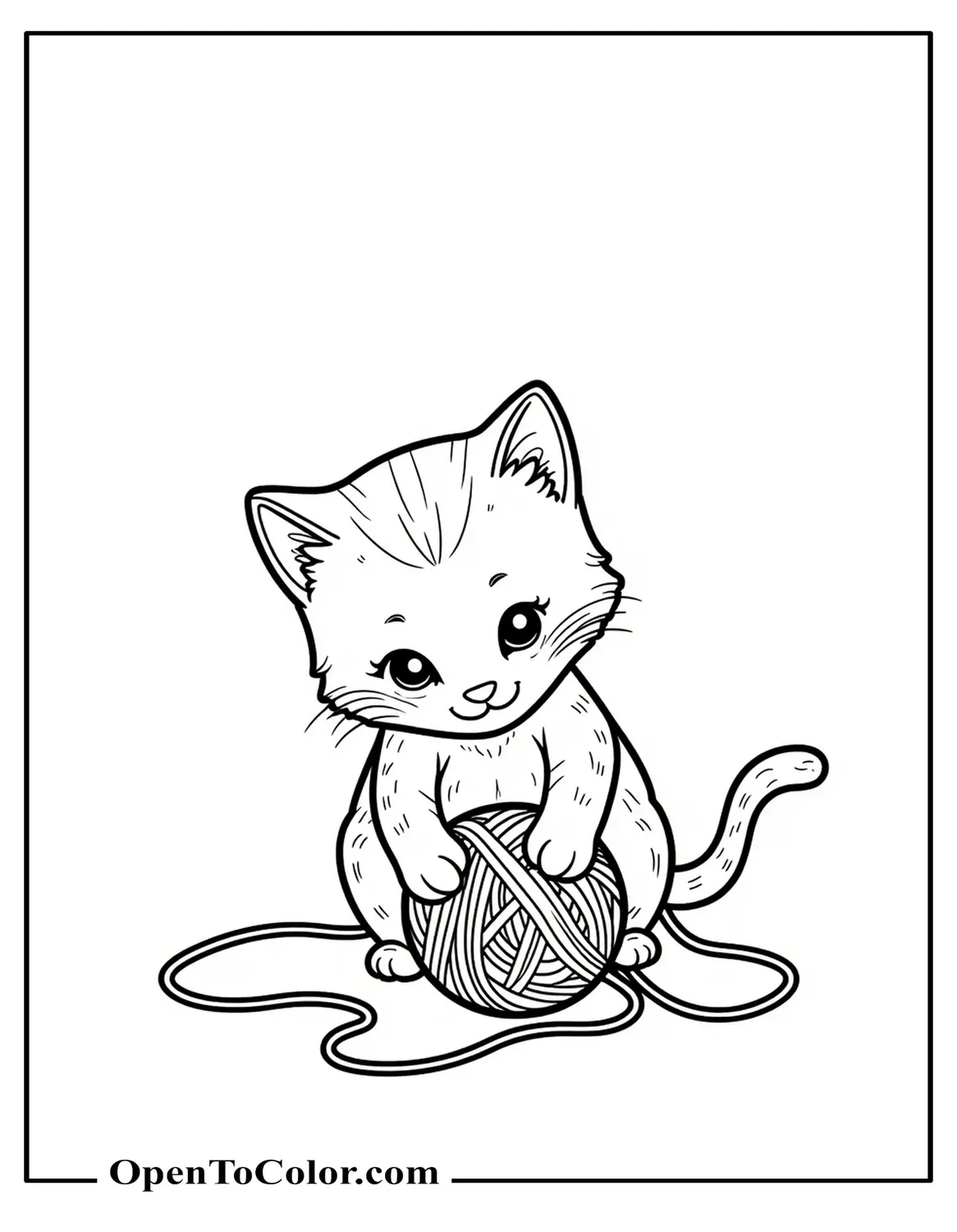 Small kitty cat coloring sheet PDF playing with yarn ball