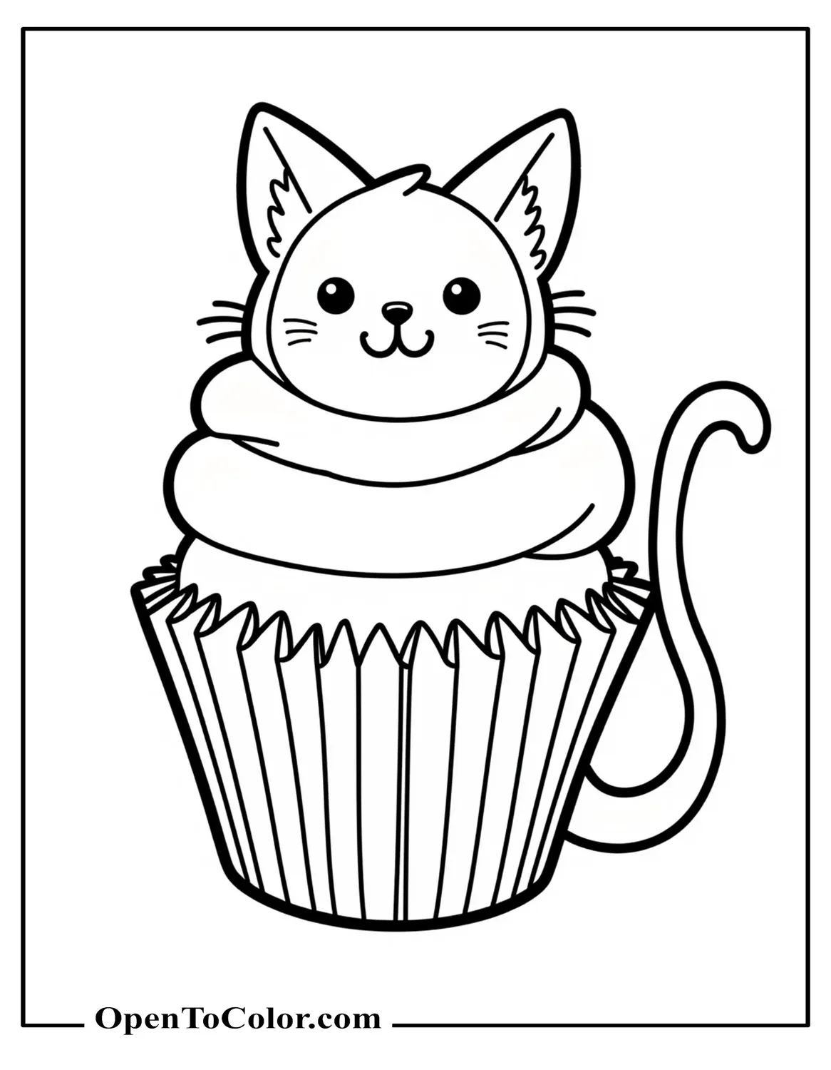 Printable coloring sheet of a cupcake with cat's ears and a tail curling around the wrapper.