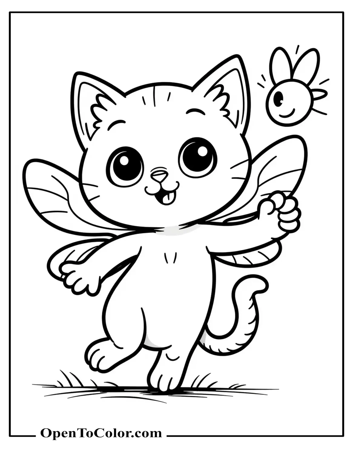 Kitty With Fairy Wings Chasing A Glowing Firefly Coloring Sheet PDF