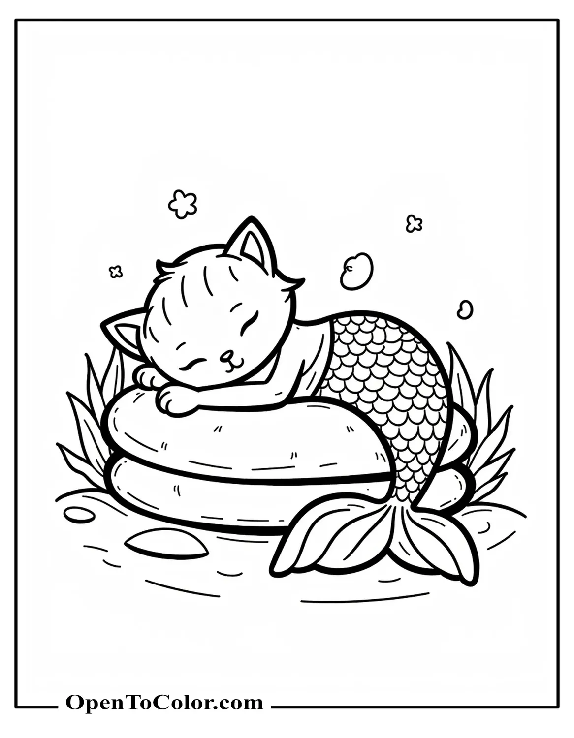Cute Kitty Mermaid Coloring Sheet PDF Having A Sweet Nap On A Seafloor Pillow