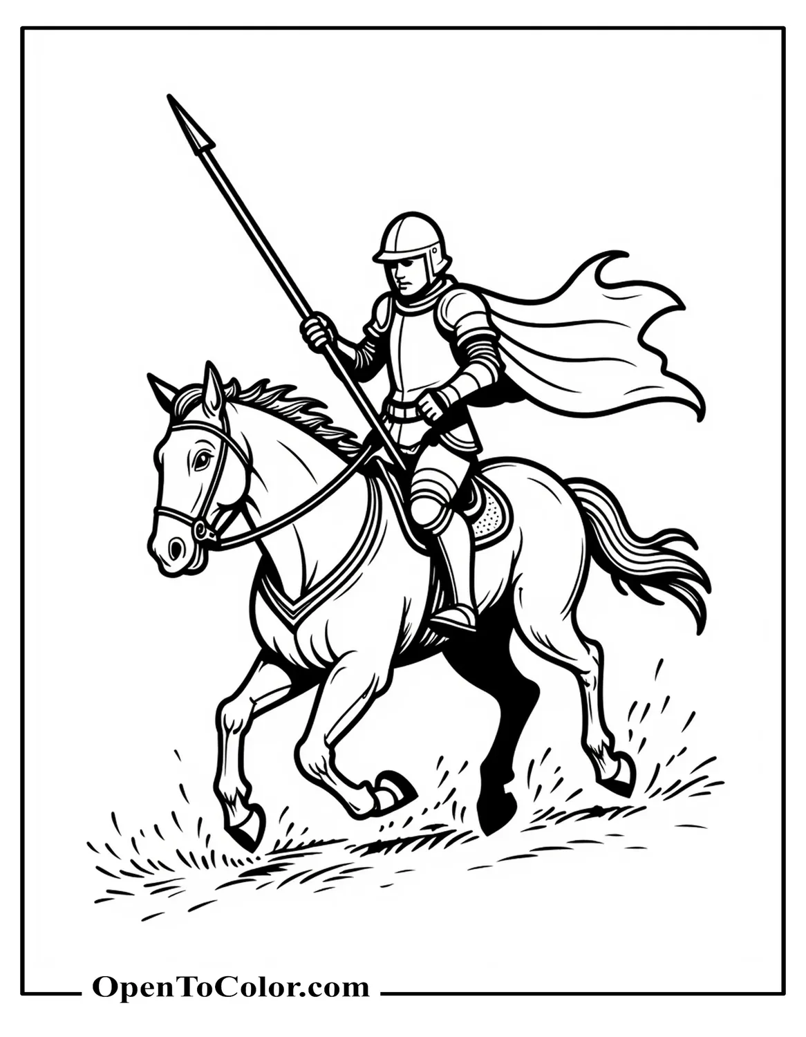 Printable Coloring Sheet of Armored Knight Charging on Horse with Lance