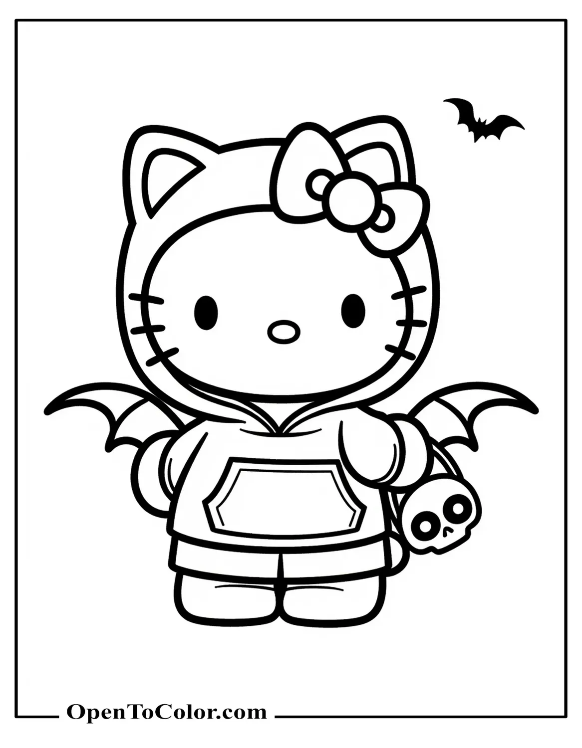 Hello Kitty in Bat-Eared Kuromi Hoodie Holding Tiny Skull Purse, Cute Gothic Style Coloring Page PDF