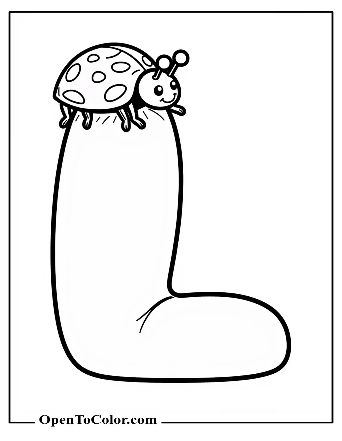 Uppercase letter L coloring page with a ladybug crawling up its side PDF