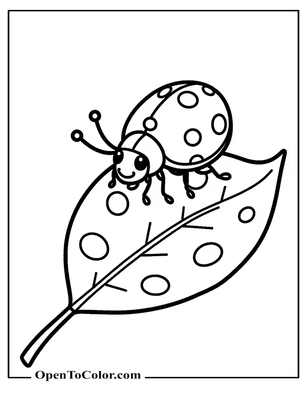 Ladybug perched on a leaf with seven spots coloring page PDF