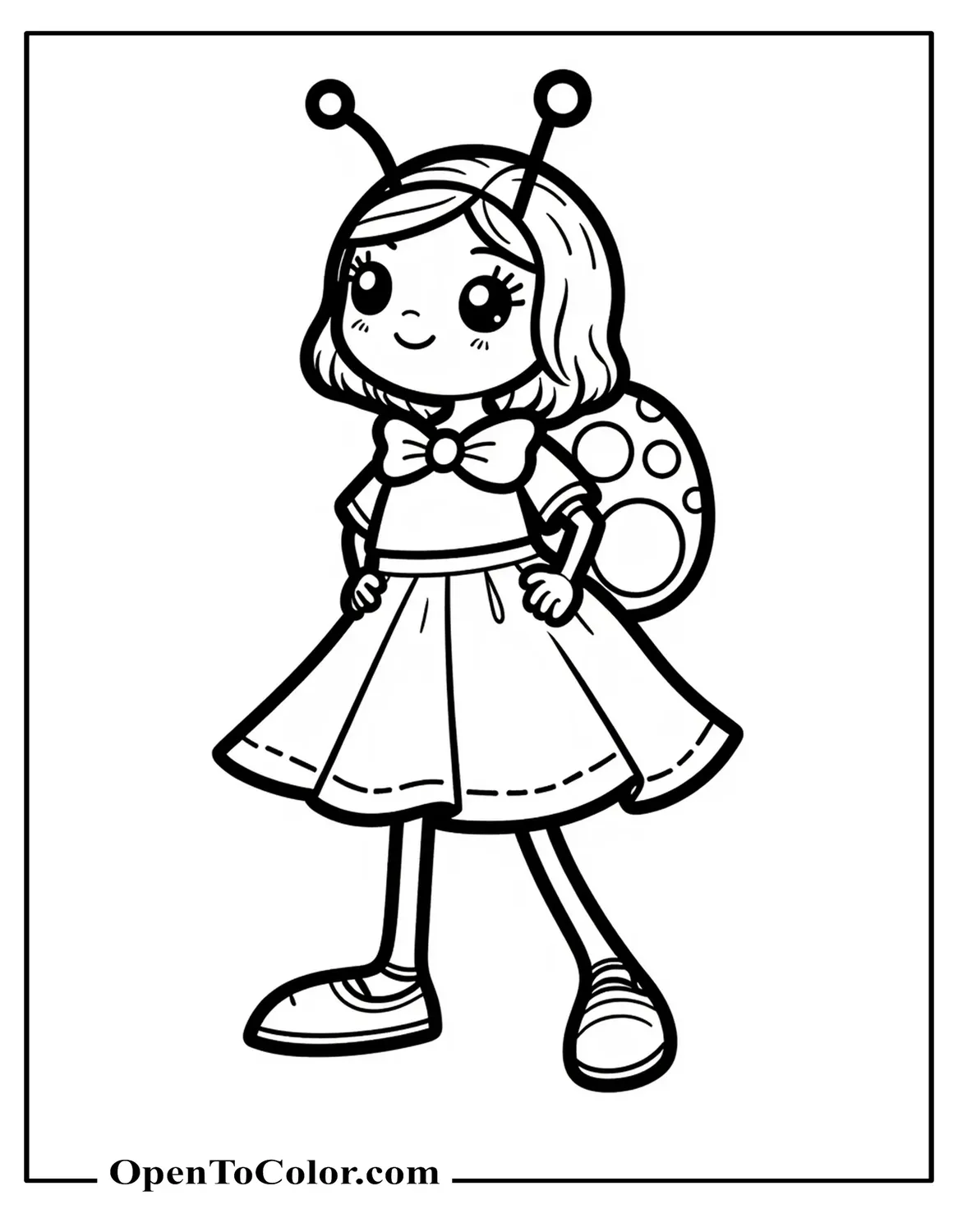 Ladybug Wearing A Skirt And Bow Like A Girl Character Coloring Sheet PDF