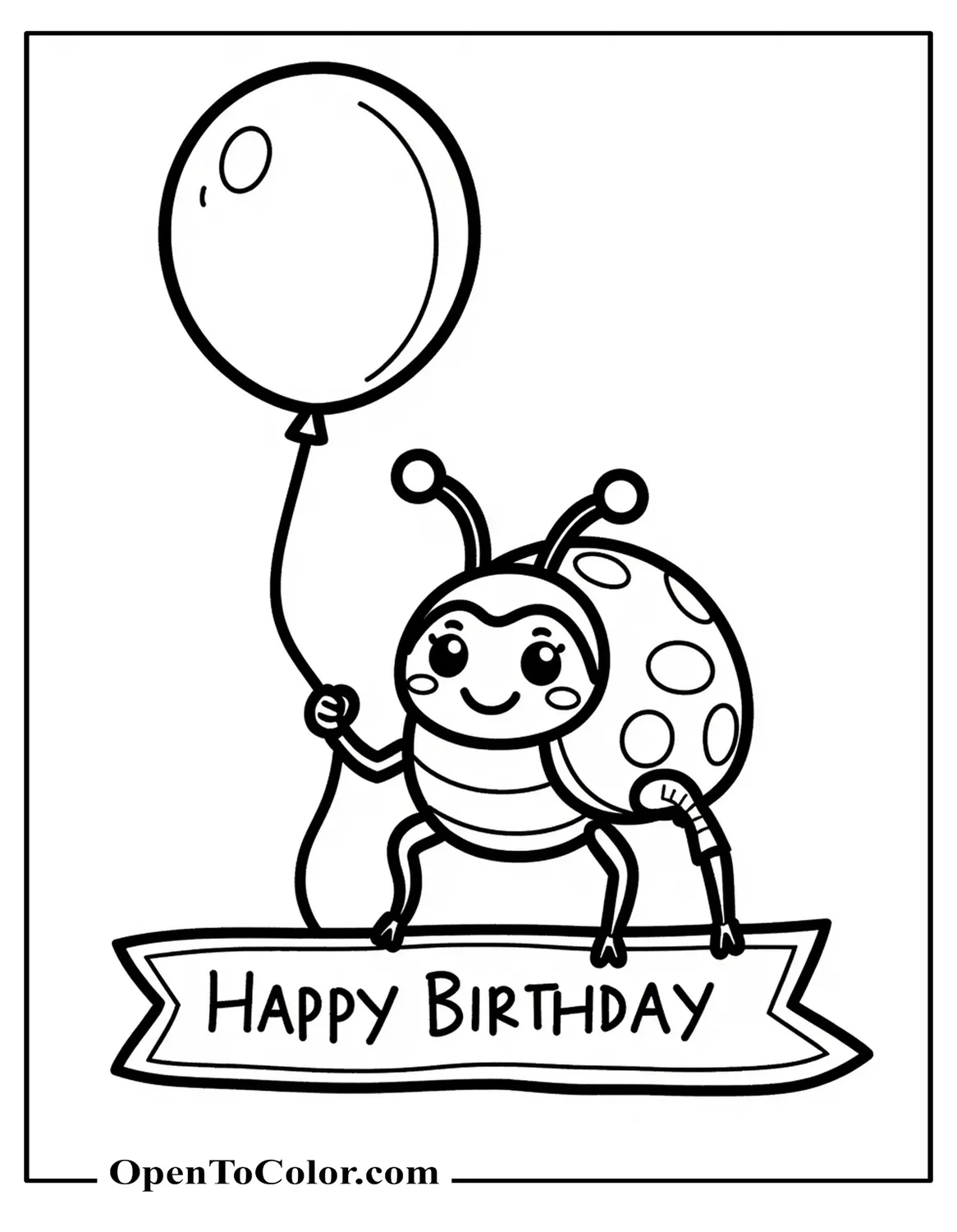 Free Coloring Sheet: Ladybug Holding a Balloon and Birthday Banner That Reads Happy Birthday