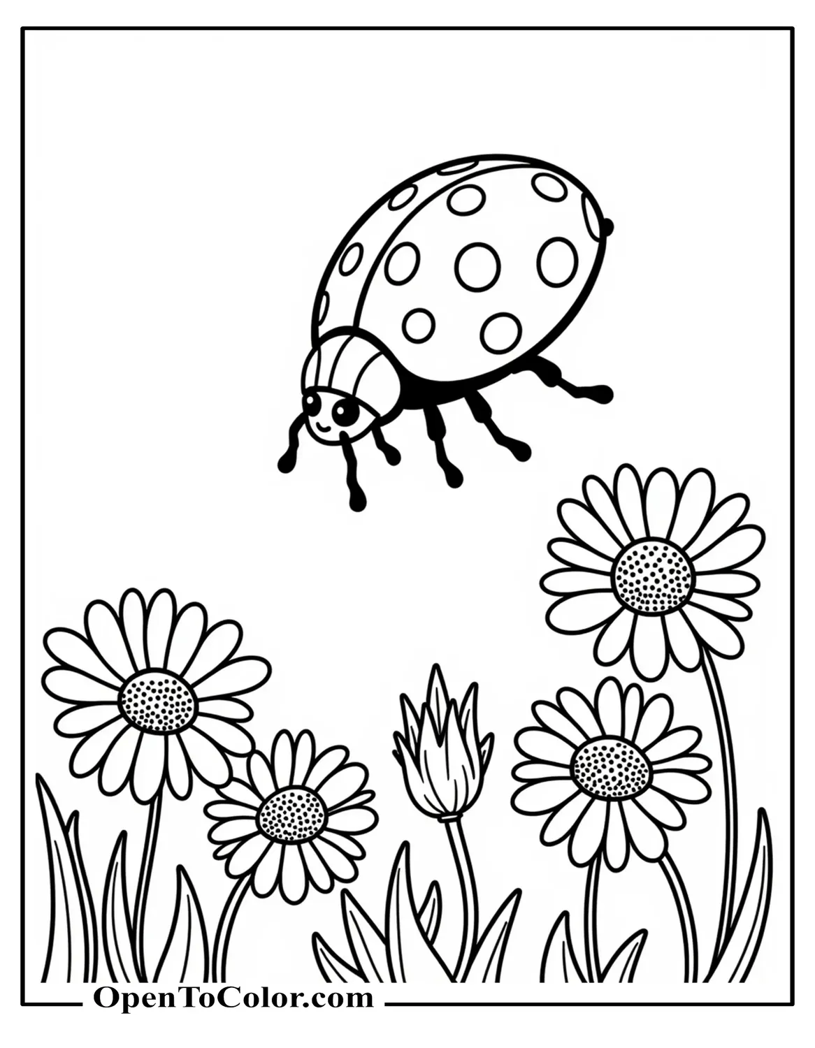 Ladybug Hovering Over A Field Of Simple Daisies Coloring Page Printable