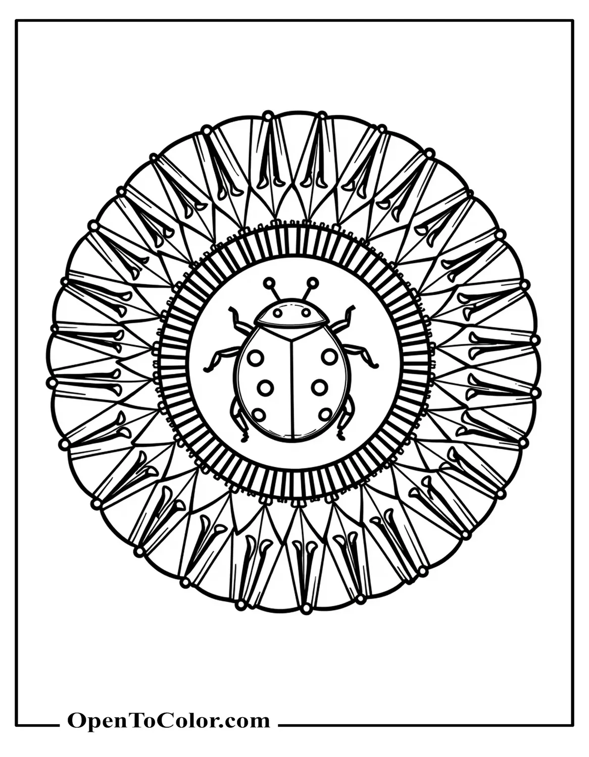 Circular Mandala Centered On A Detailed Ladybug Coloring Sheet PDF