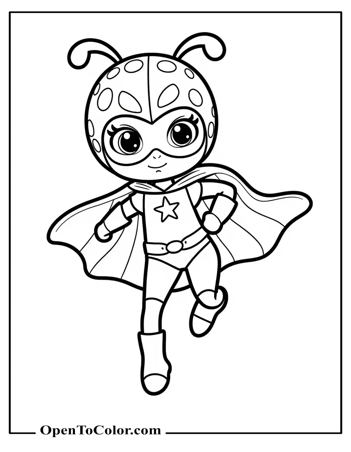 Free Coloring Page of Superhero Ladybug Wearing Cape and Mask, Mid-Flight