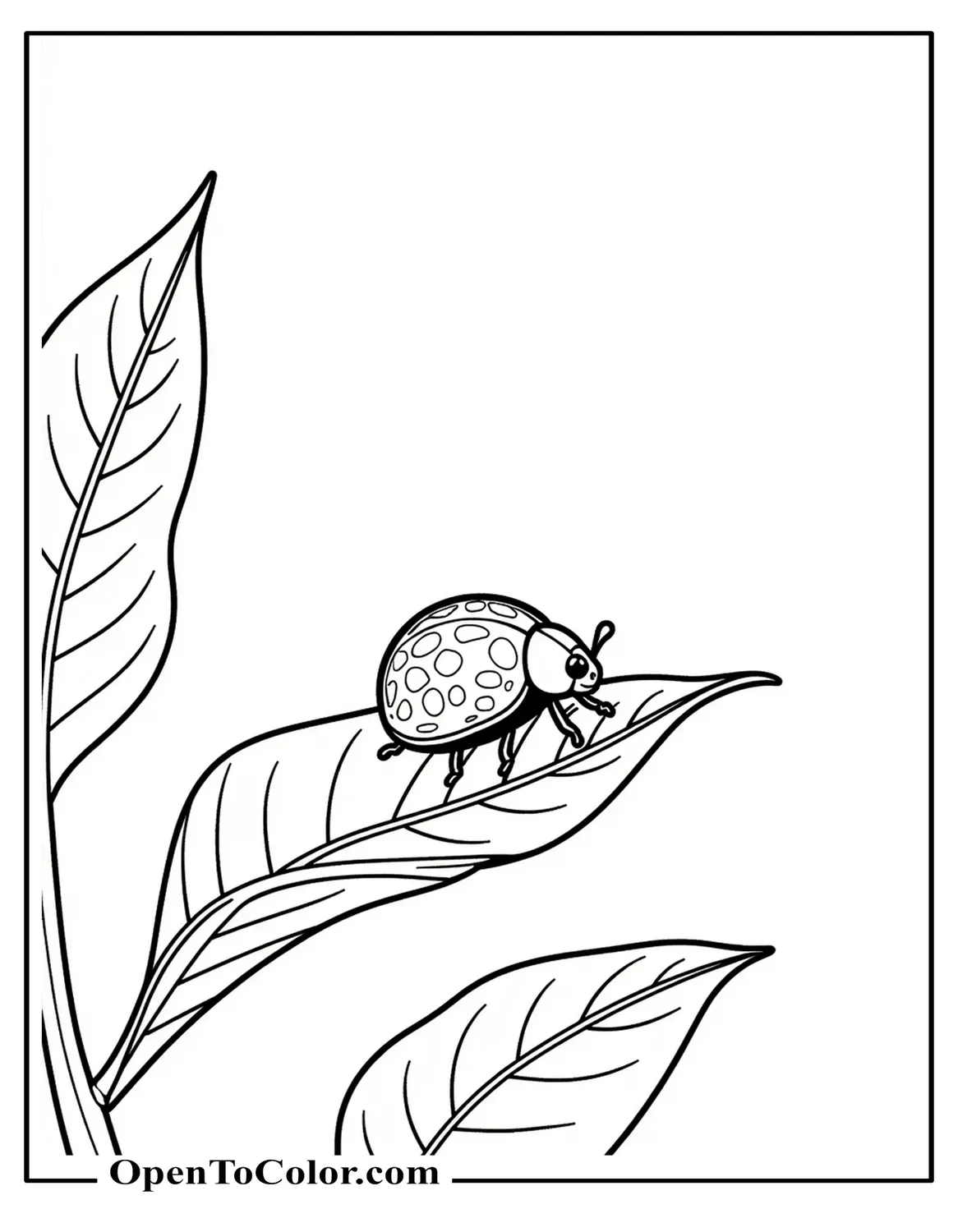 Free Coloring Page of a Ladybug Walking Across a Veined Leaf, Nature Scene