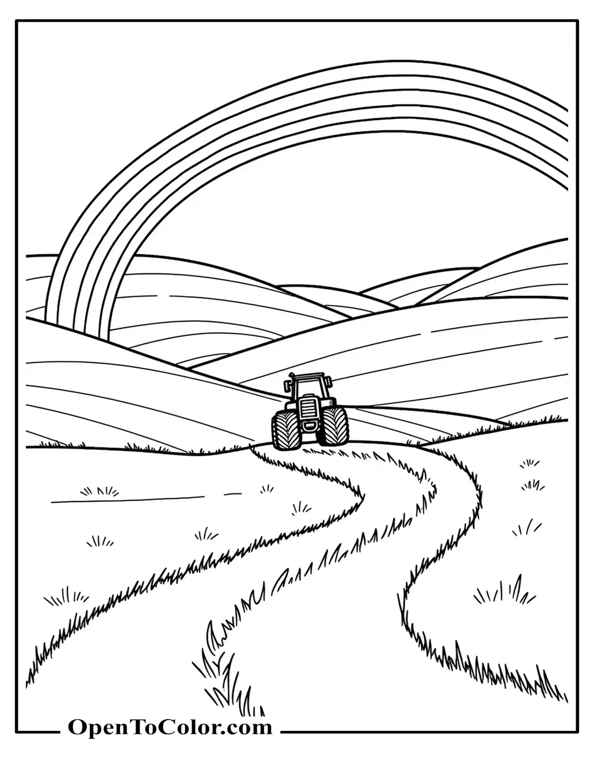 Rolling hills with rainbow overhead, small tractor silhouette on path, printable coloring sheet.