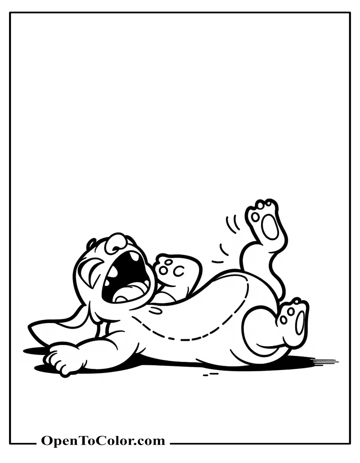 Free Coloring Sheet: Stitch Rolling on the Ground Laughing, Paws in the Air, Exaggerated Cartoon Pose