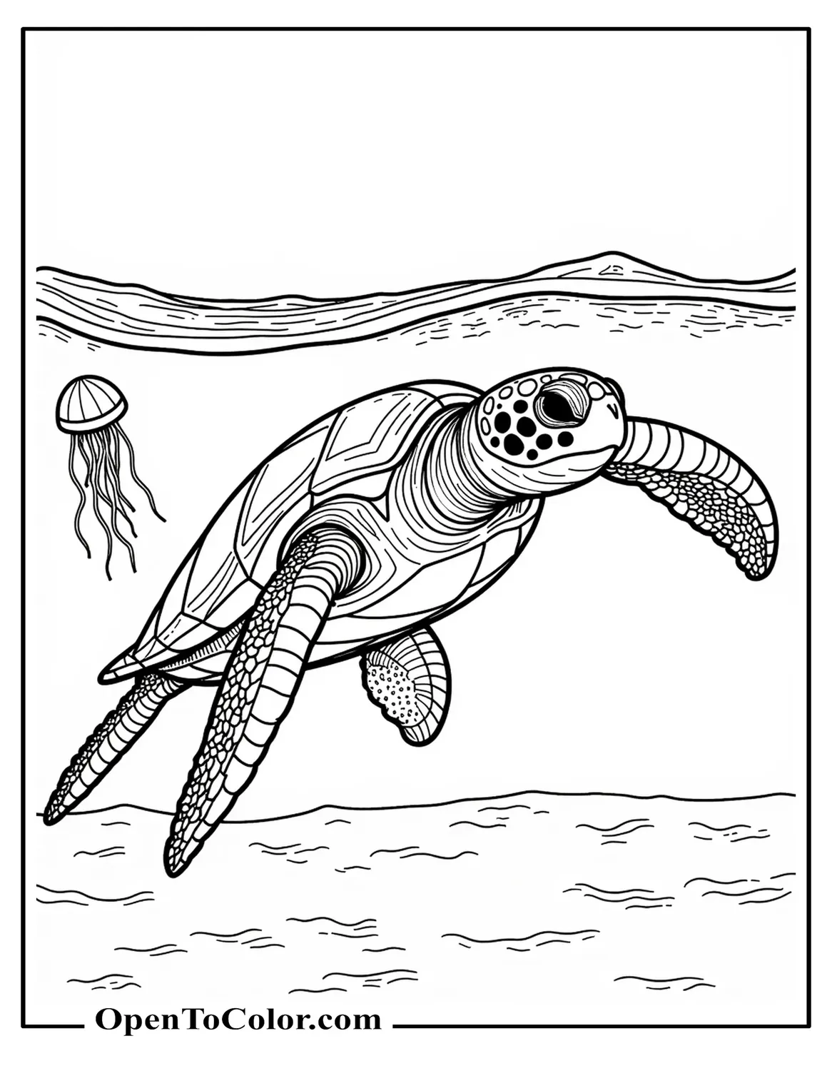Leatherback sea turtle coloring sheet PDF swimming past drifting jellyfish in open water