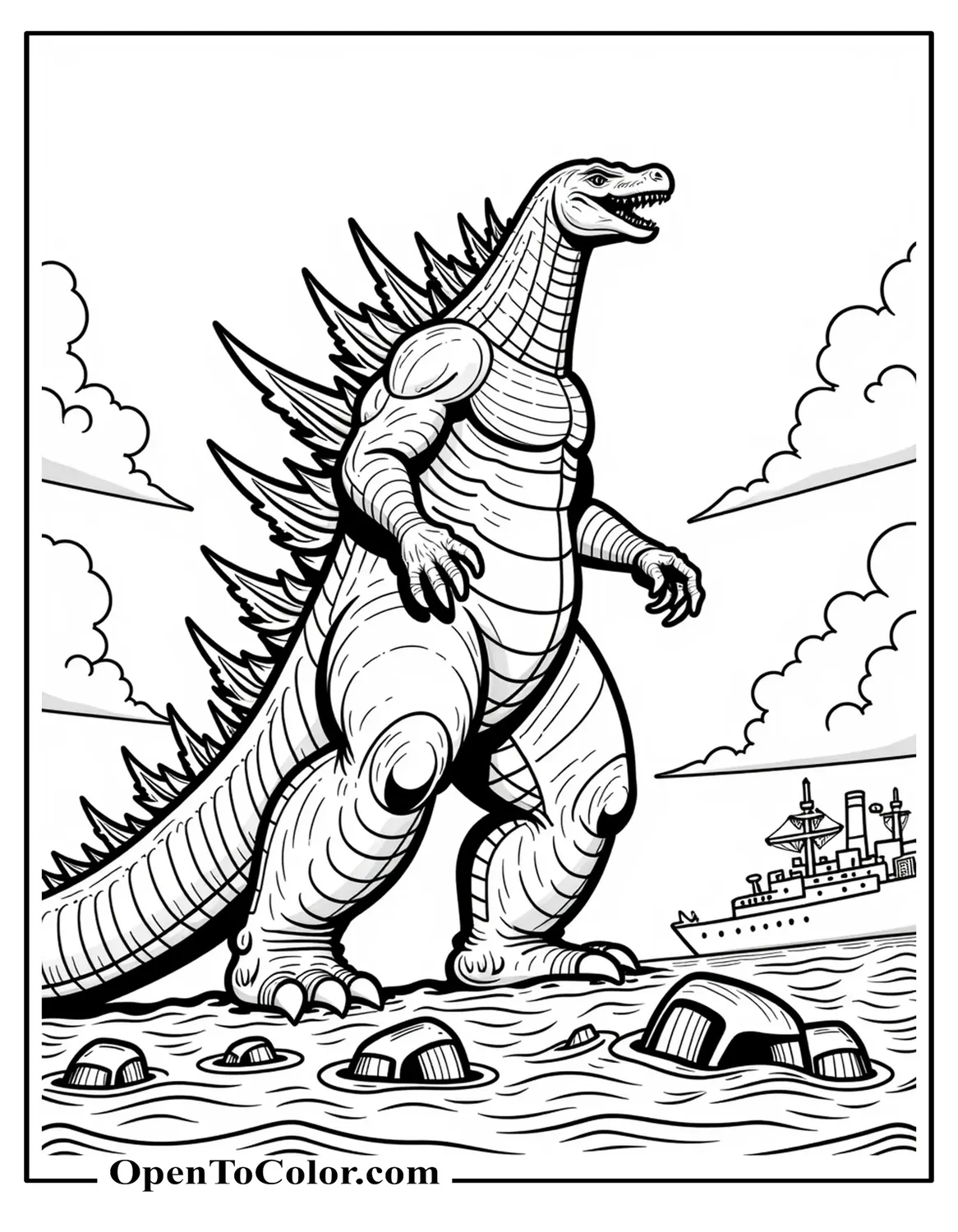 Legendary Godzilla Thick-Legged With Jagged Dorsal Spines Standing Atop A Wrecked Battleship, Majestic Aura, Printable Coloring Sheet