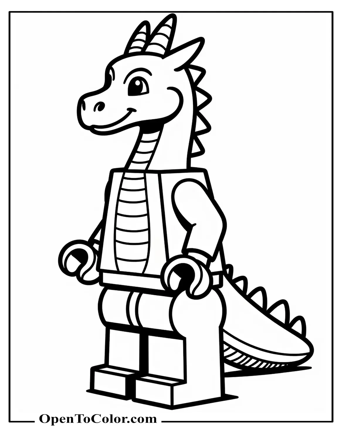 Free Coloring Sheet of a Friendly Lego Style Blocky Dragon Character