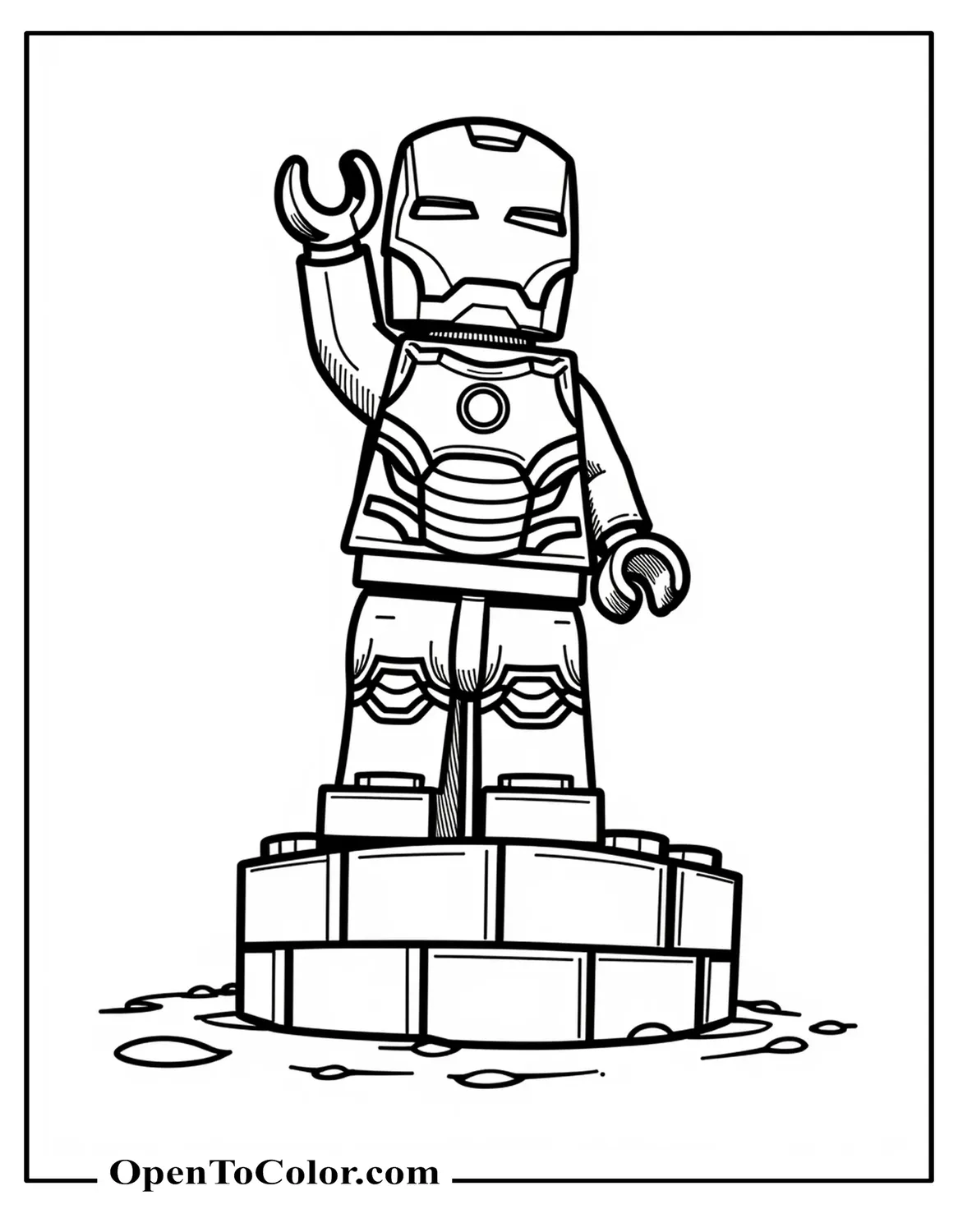 Lego-style Iron Man coloring sheet PDF standing on studded brick platform, arm raised