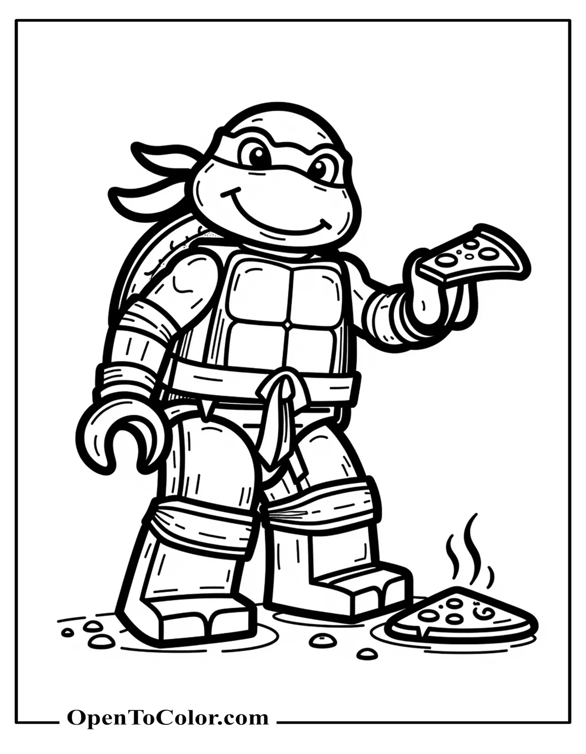 Free Coloring Sheet: Lego-Style Ninja Turtle Raphael Constructing a Pizza, Blocky Limbs and Shell Studs