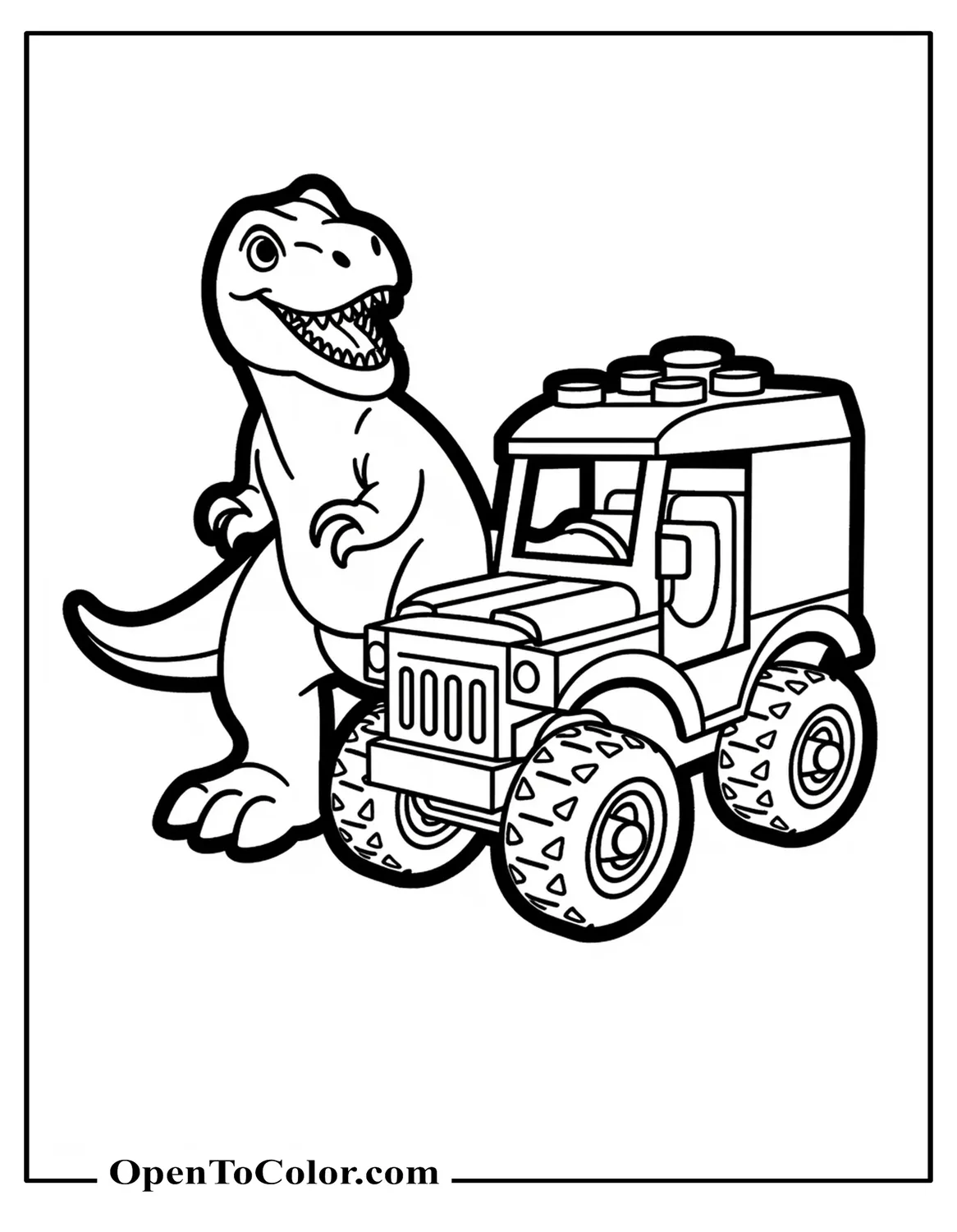 Lego style T-Rex next to blocky Lego Jeep, blocky hands and feet coloring sheet PDF