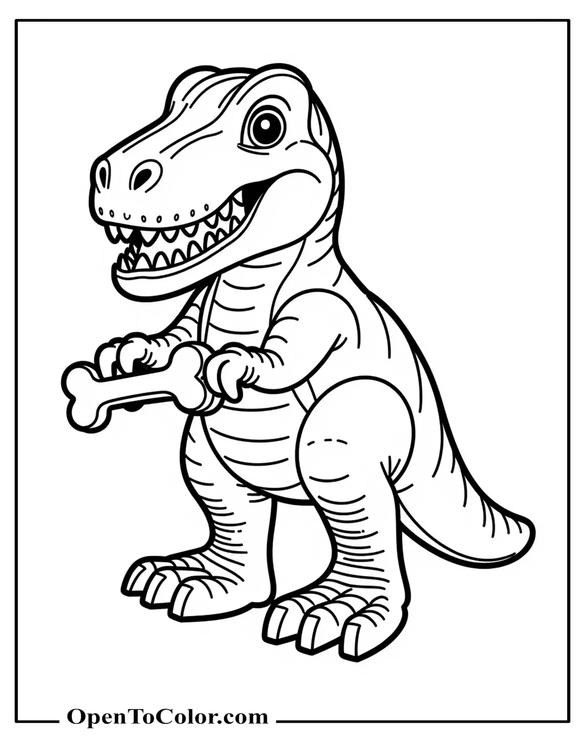 Free Coloring Sheet of Lego Style T-Rex with Blocky Hands and Feet, Holding a Bone