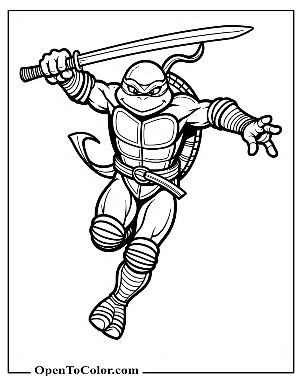 Leonardo Ninja Turtle Coloring Sheet PDF Leaping Forward With Crossed Katanas, Dynamic Action Pose