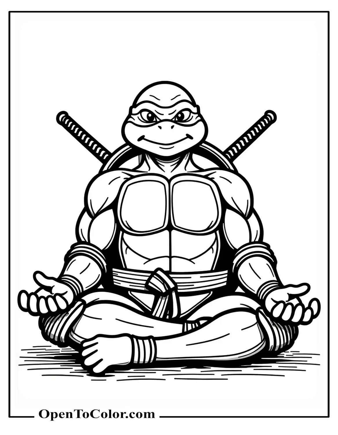 Free Coloring Page of Leonardo TMNT Ninja Turtle Meditating Cross-Legged with Katanas Beside, Serene Scene