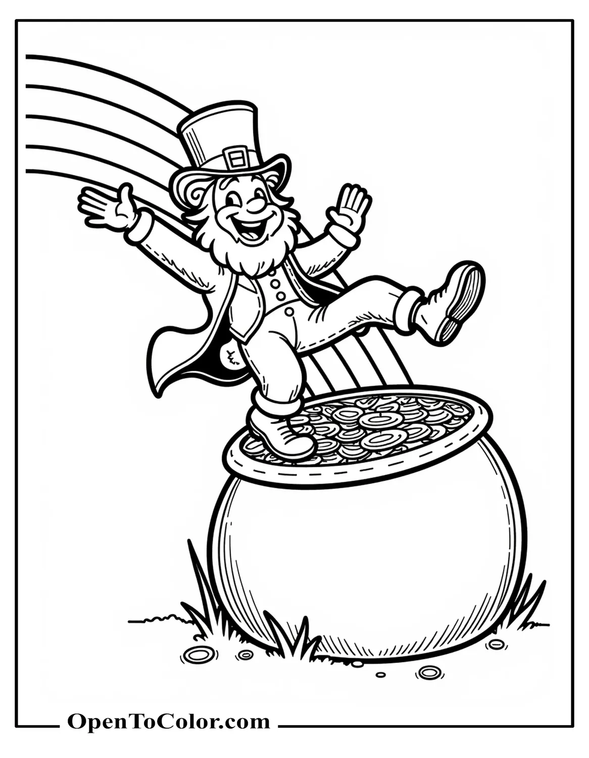 Printable coloring sheet of leprechaun sliding down rainbow into pot of coins, tipping hat